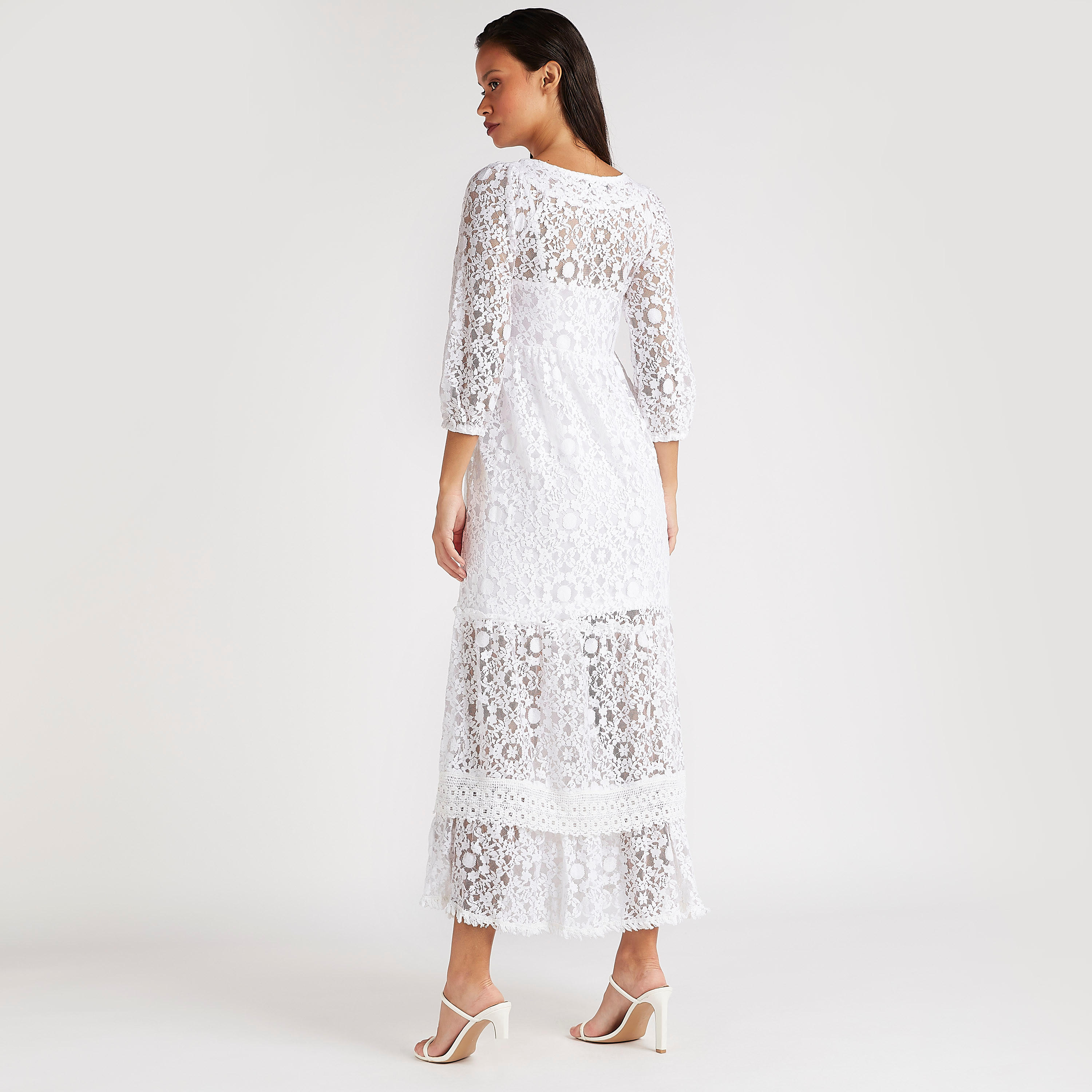 فستان دانتيل ماكسي إيه لاين بارز الملمس وأكمام 3/4-women-clothing-dresses-image-4