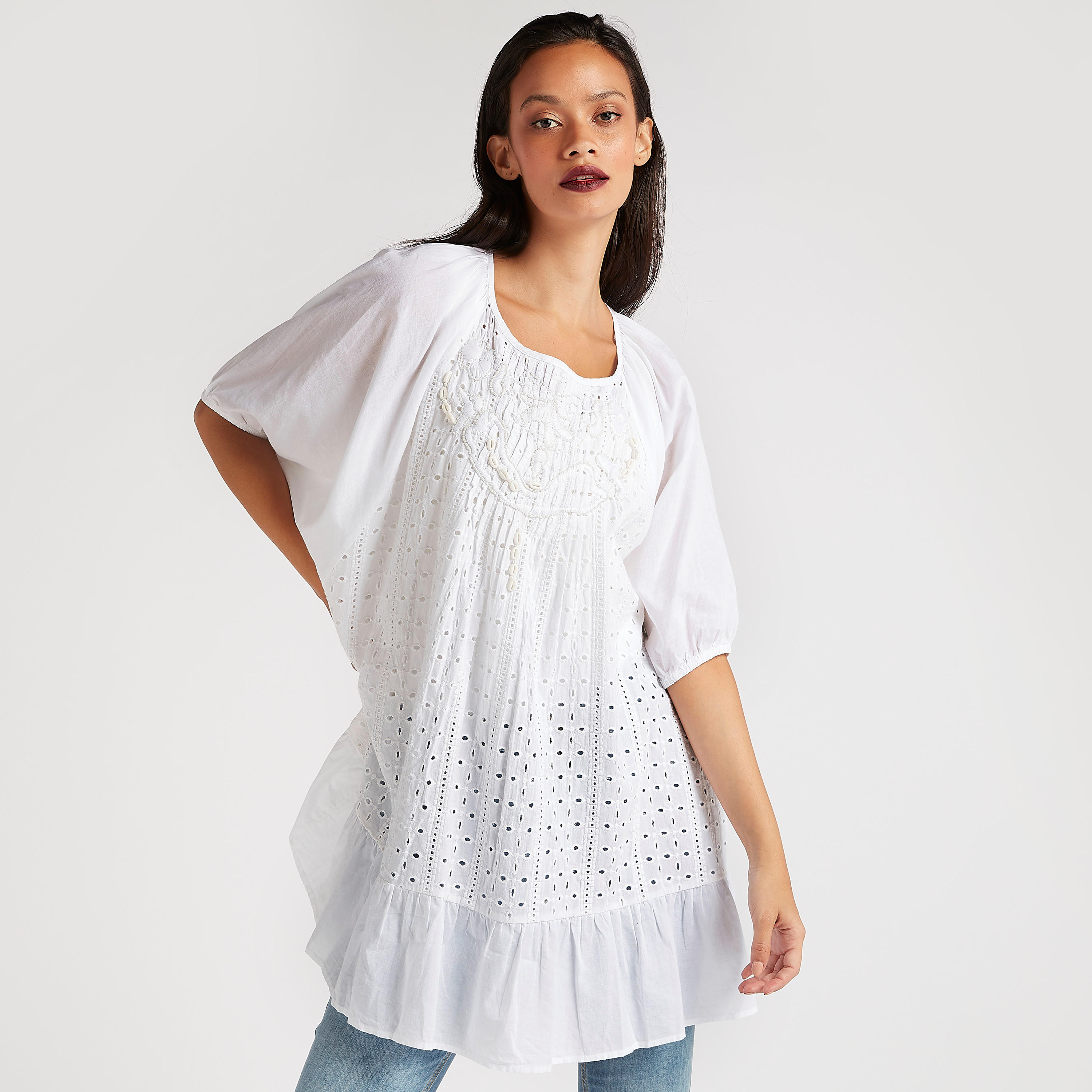 بلوزة مزيّنة بياقة مستديرة وأكمام 3/4-women-clothing-shirtsandblouses-blouses-image-1