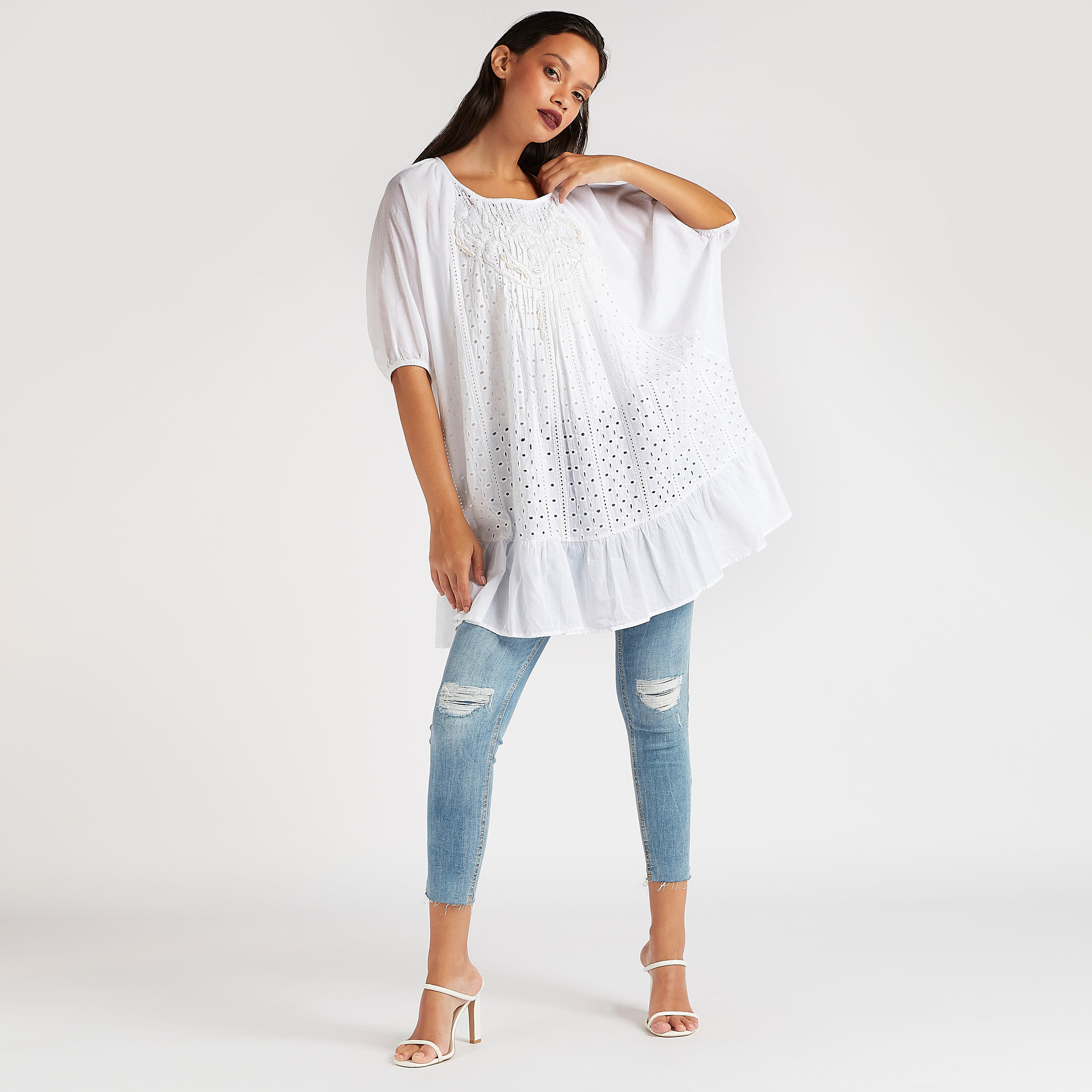 بلوزة مزيّنة بياقة مستديرة وأكمام 3/4-women-clothing-shirtsandblouses-blouses-image-2