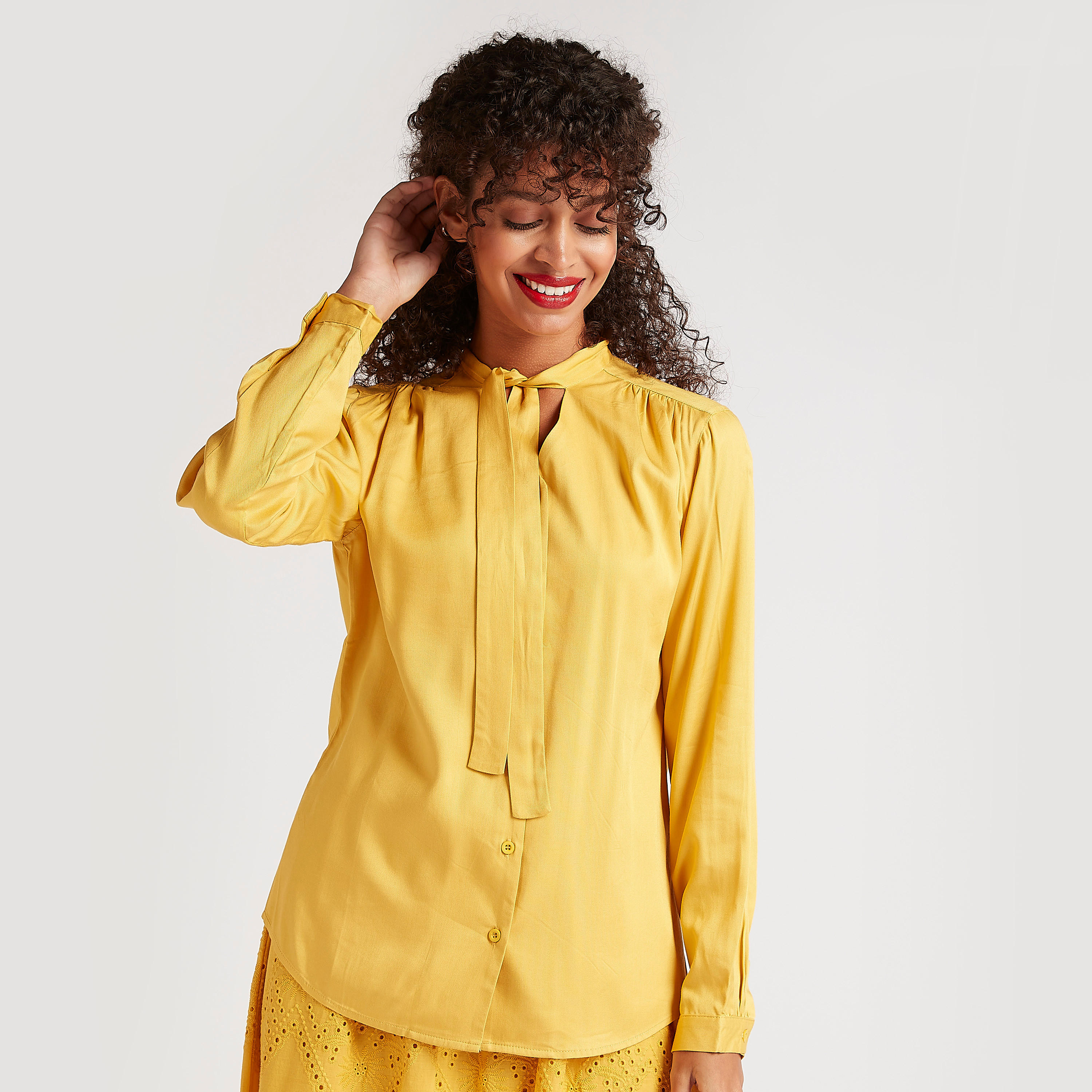 Solid Top with Neck Tie-Ups and Long Sleeves-women-clothing-shirtsandblouses-blouses-image-1