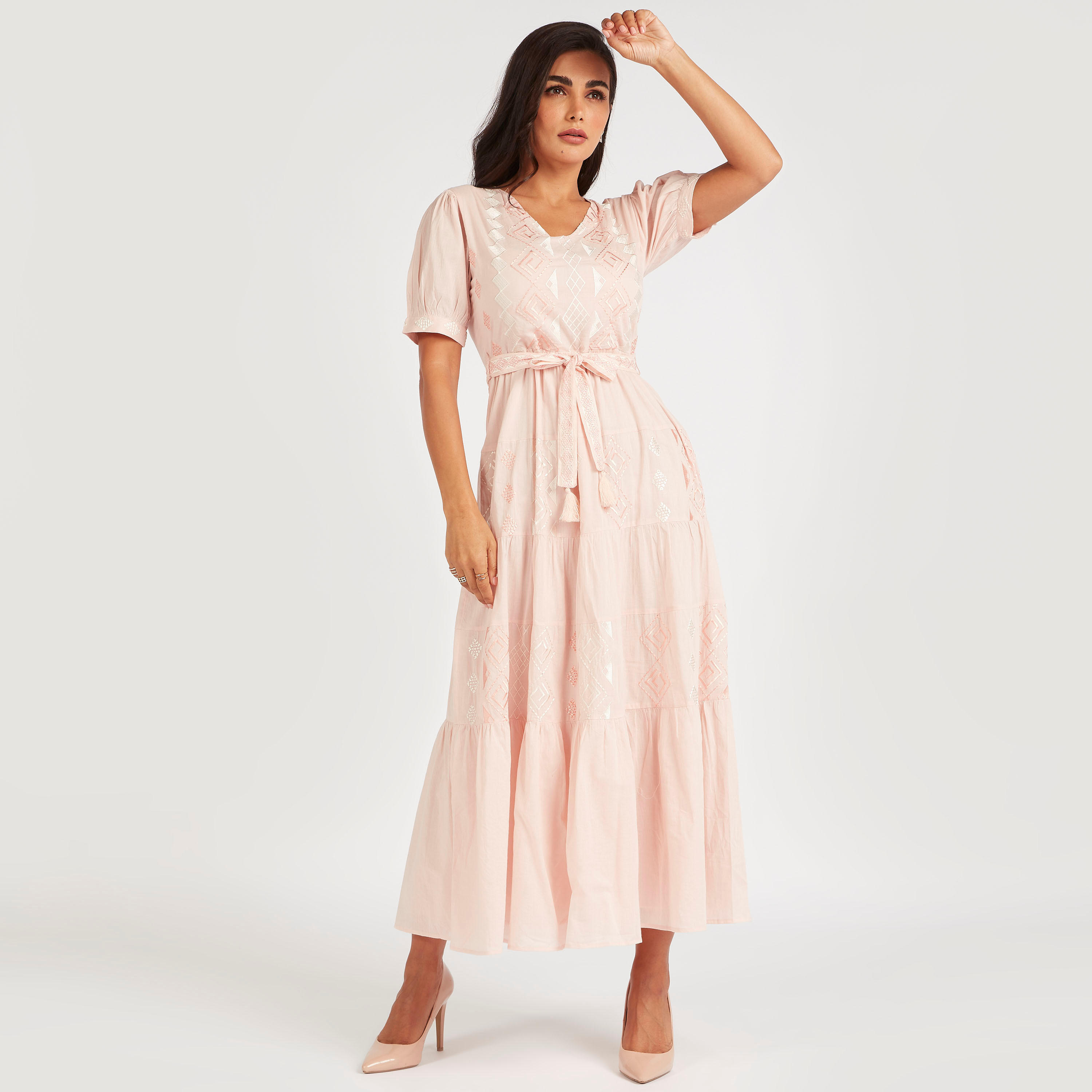 فستان ميدي إيه لاين مطرّز بحزام وأكمام منفوخة-women-clothing-dresses-image-8