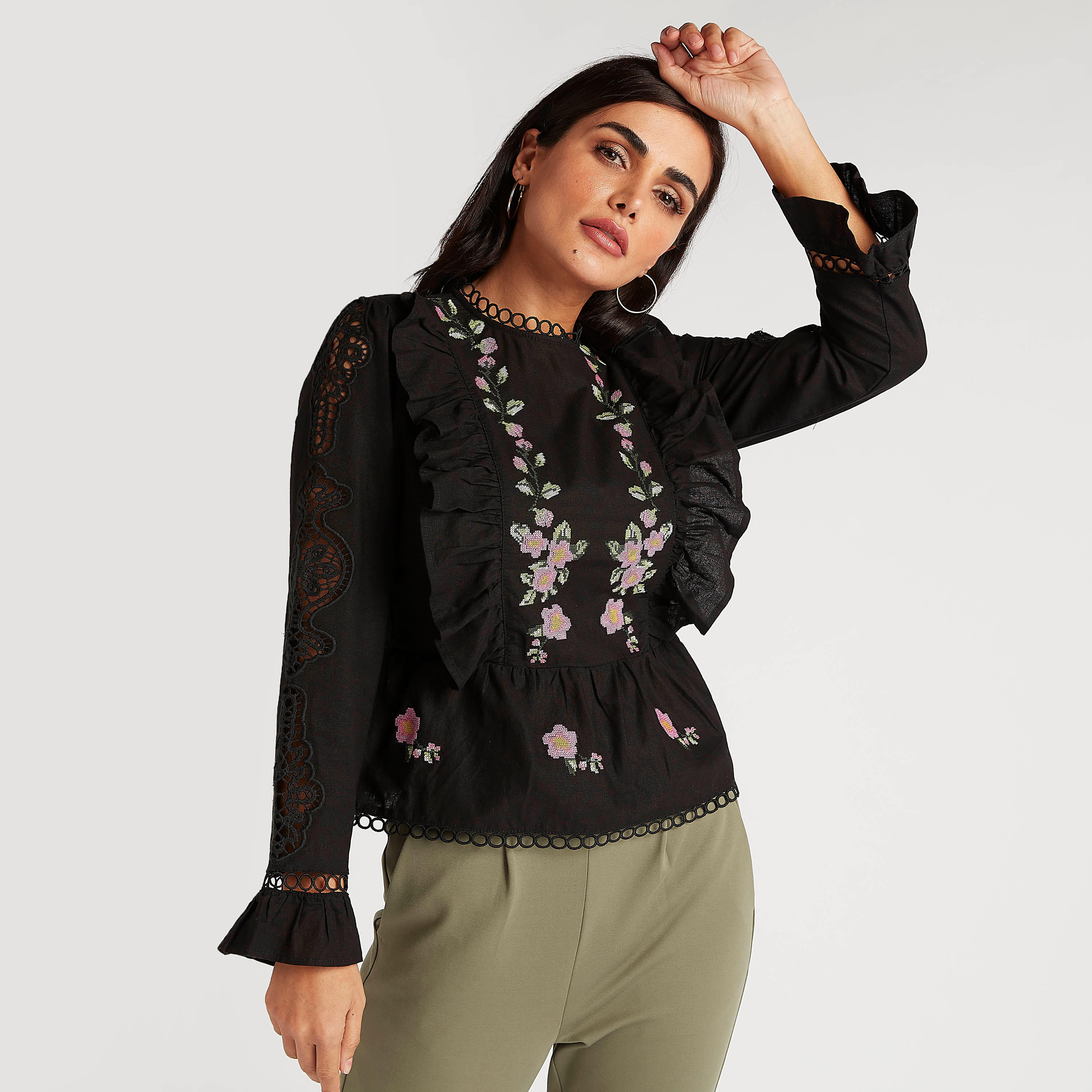 Embroidered High Neck Top with Long Sleeves-women-clothing-shirtsandblouses-blouses-image-1