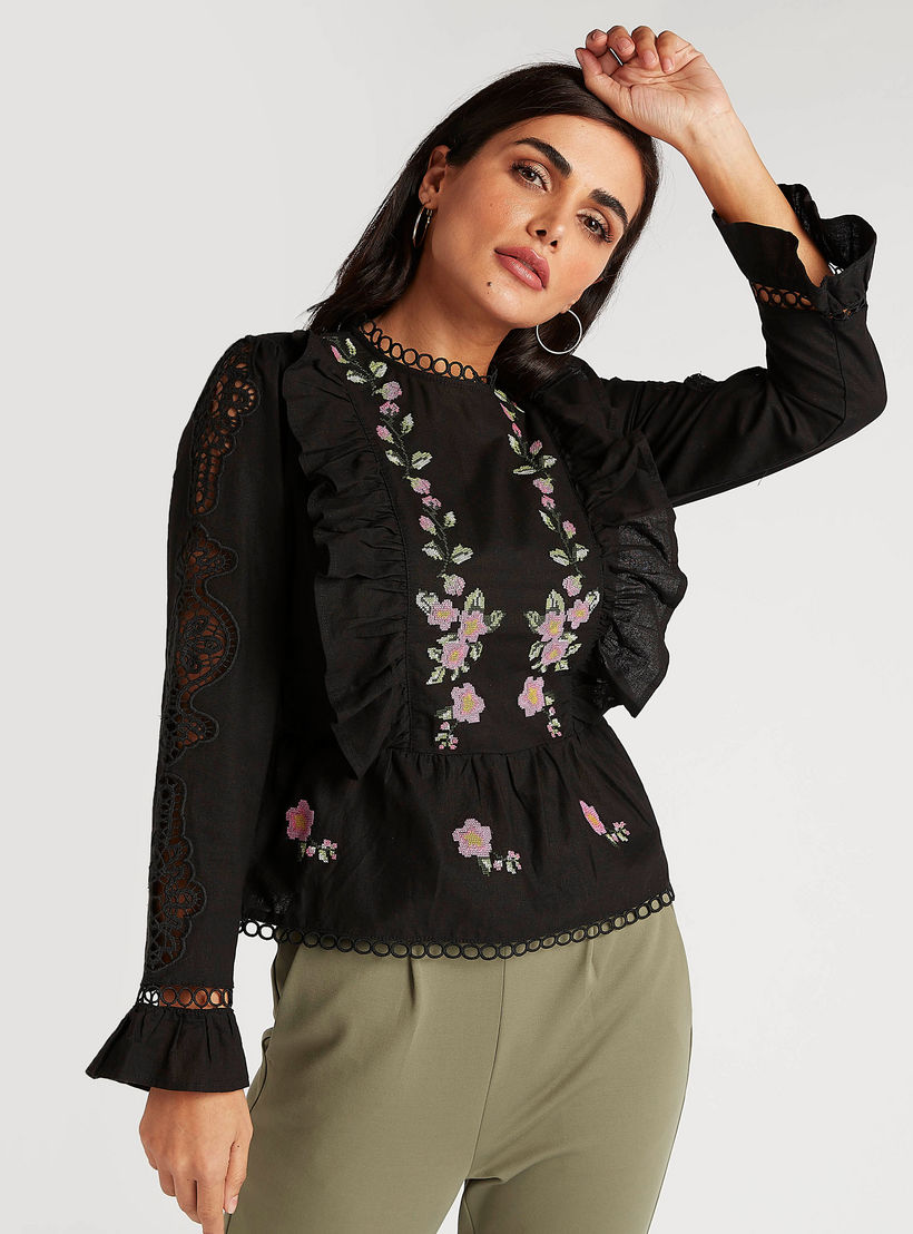 Embroidered High Neck Top with Long Sleeves-women-clothing-shirtsandblouses-blouses-image-1