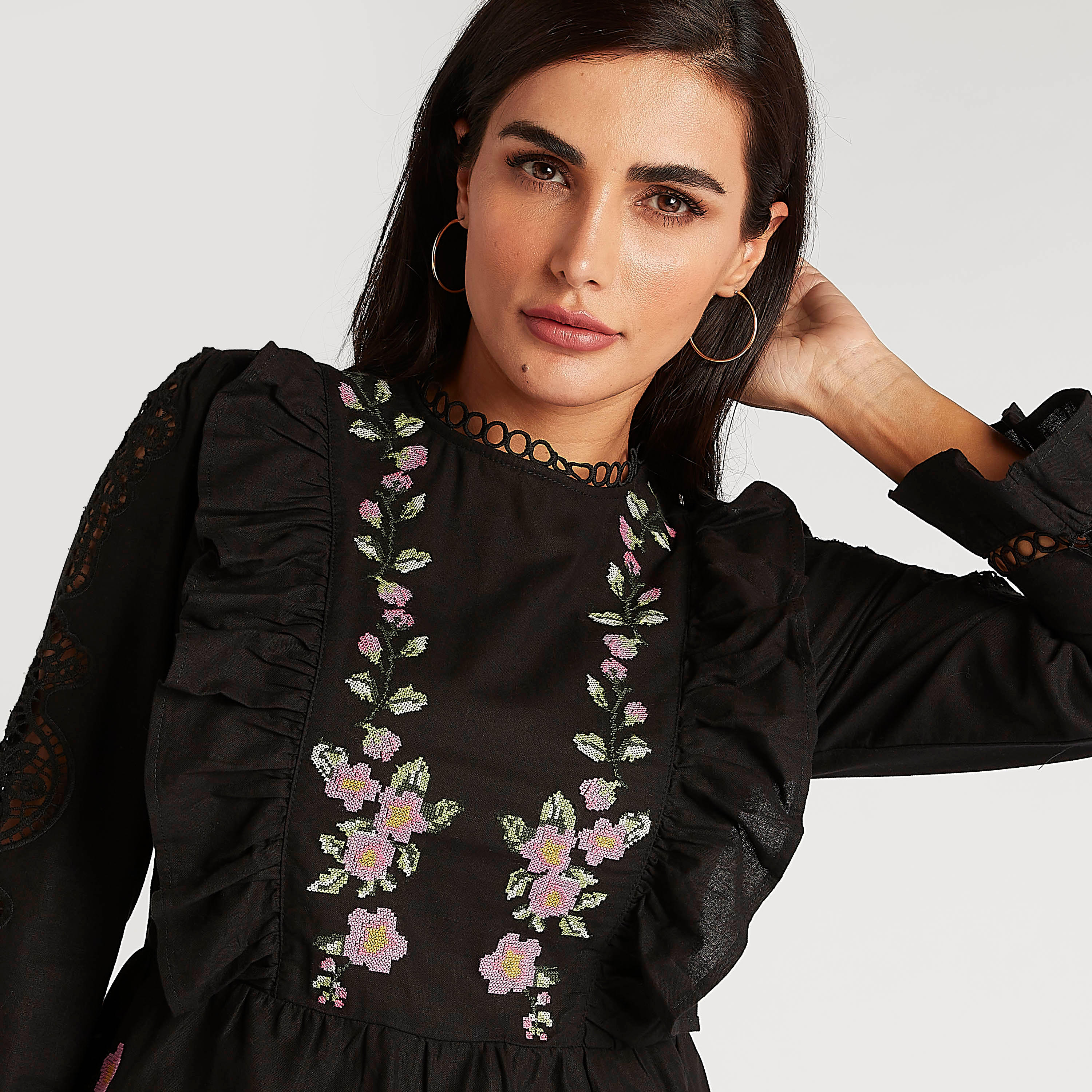 Embroidered High Neck Top with Long Sleeves-women-clothing-shirtsandblouses-blouses-image-2