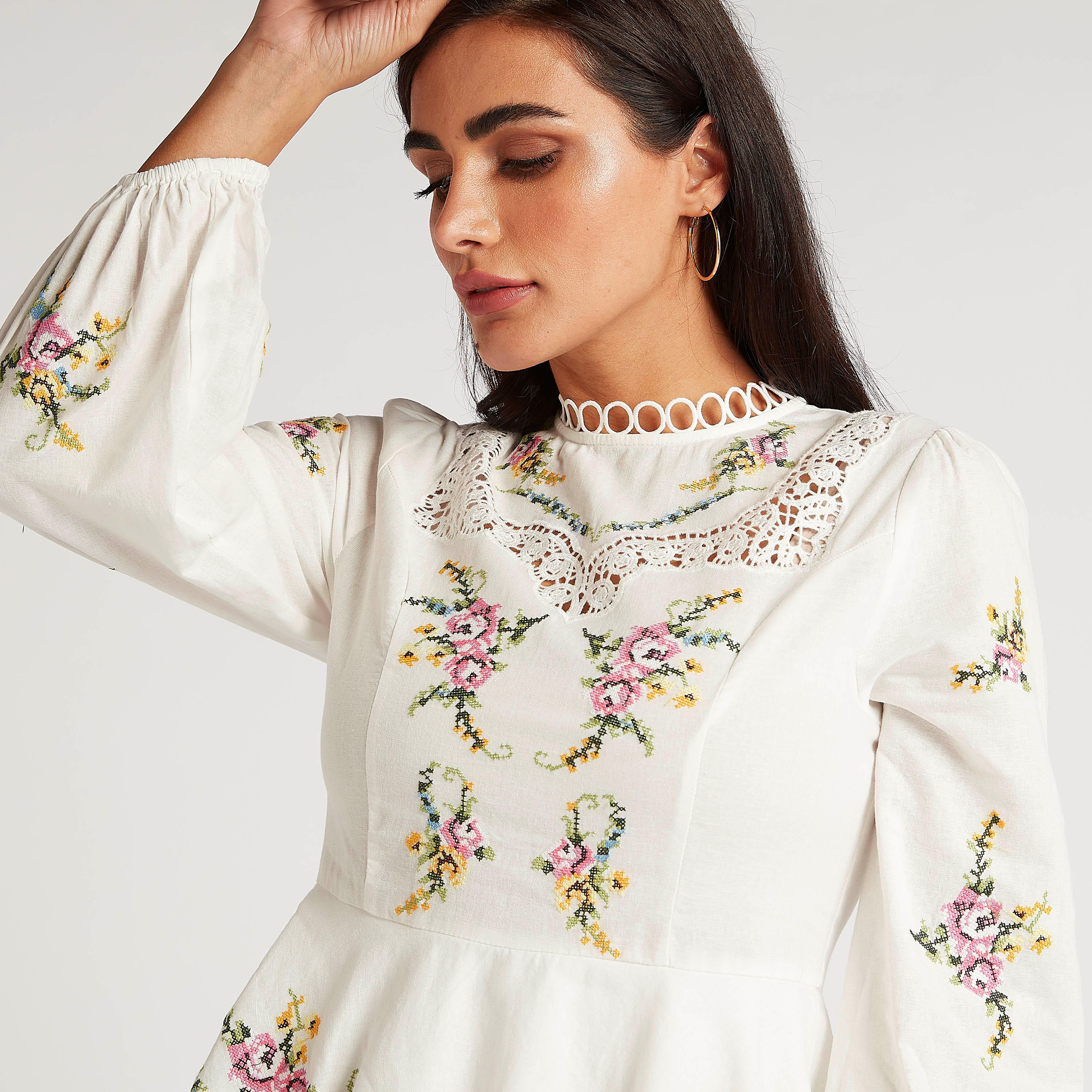 فستان إيه لاين مطرّز بأكمام طويلة منفوخة-women-clothing-dresses-image-3