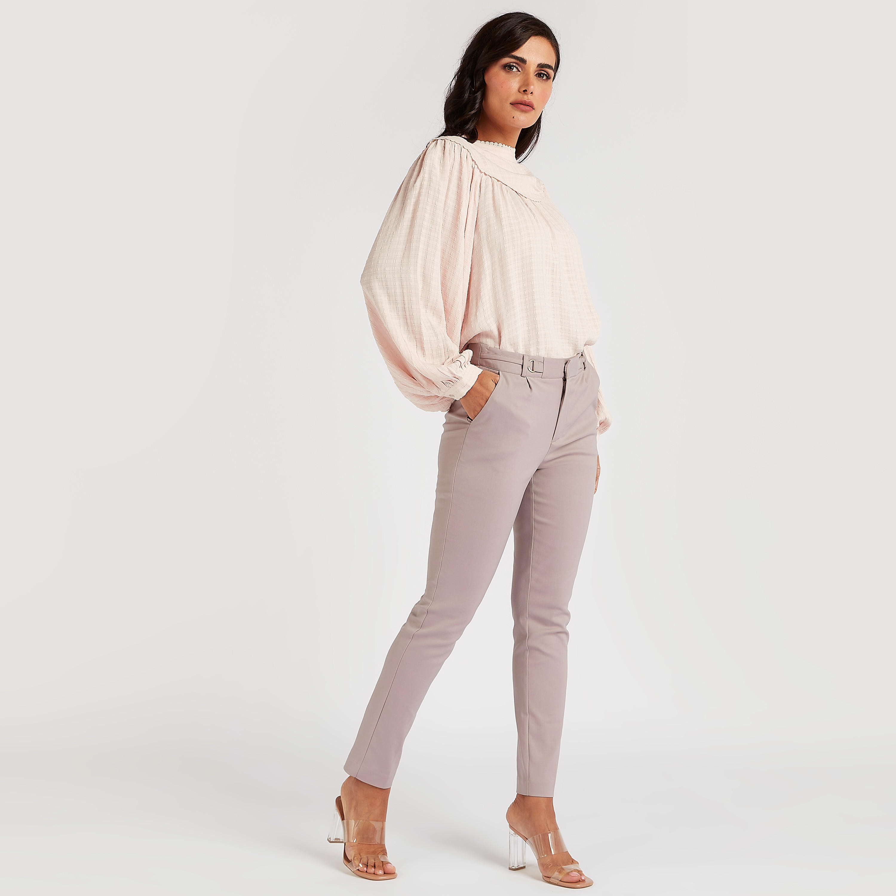 بلوزة بارزة الملمس بياقة عالية وأكمام بيشوب-women-clothing-shirtsandblouses-blouses-image-3