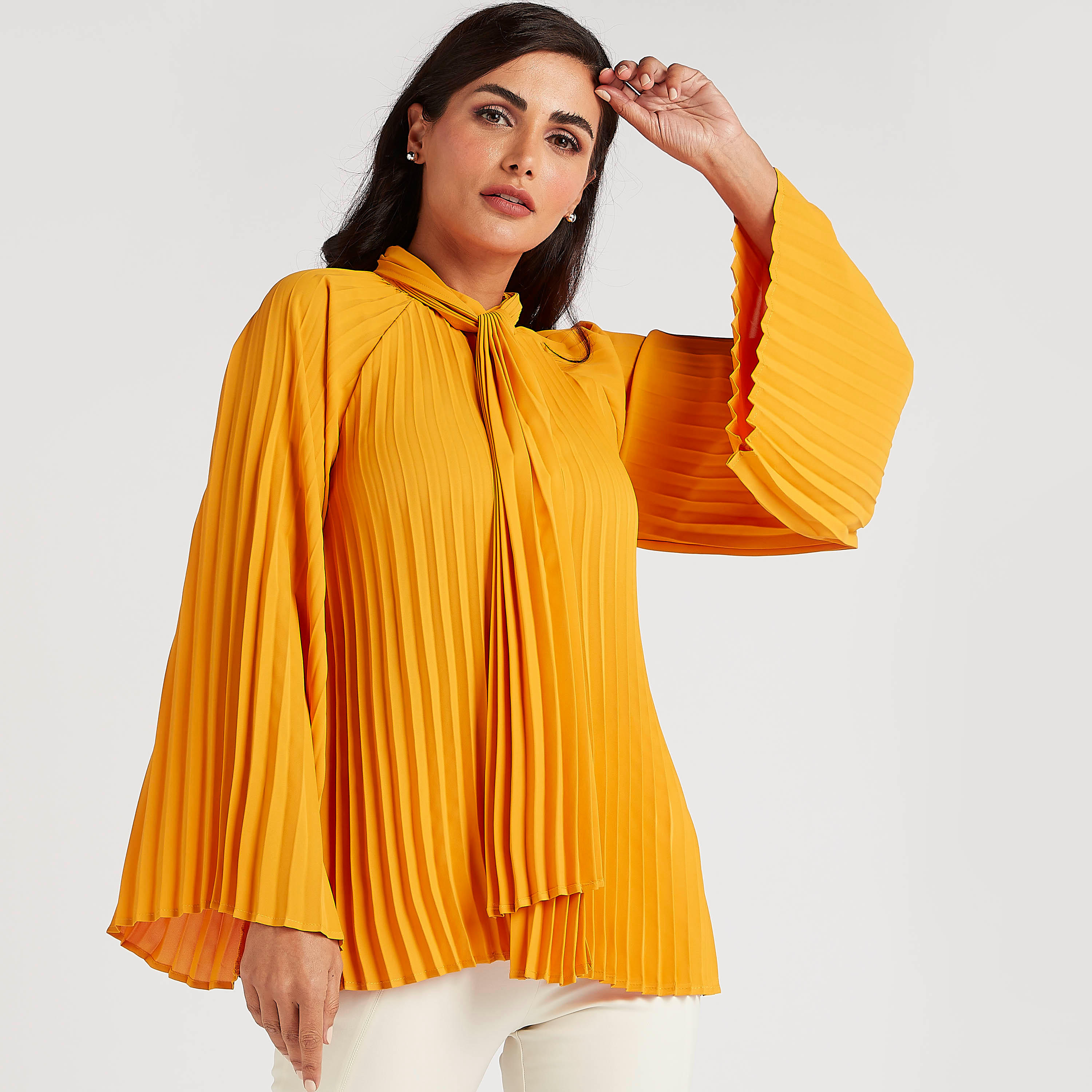 Pleated Top with Neck Tie-Up and Flared Sleeves-women-clothing-shirtsandblouses-blouses-image-1