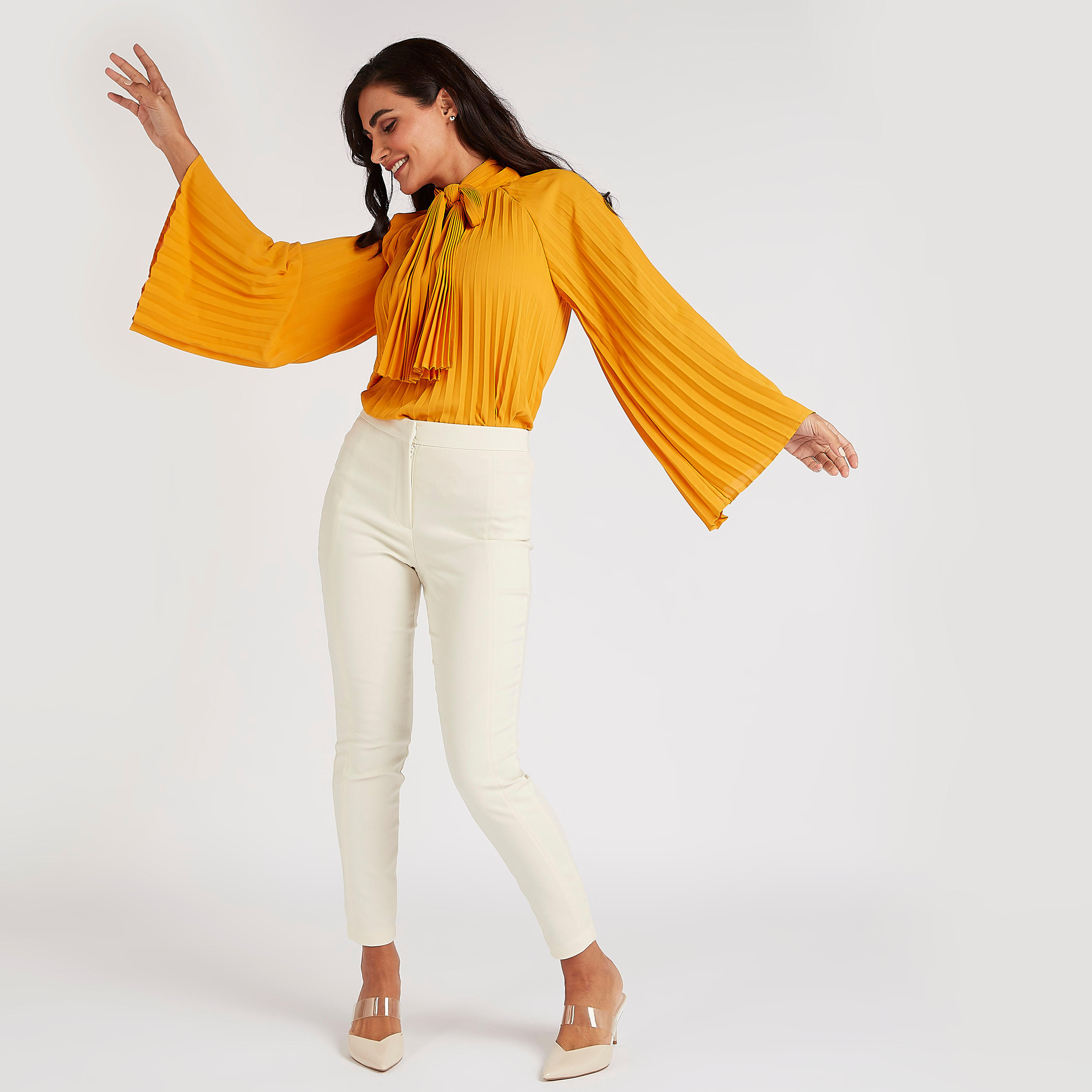 Pleated Top with Neck Tie-Up and Flared Sleeves-women-clothing-shirtsandblouses-blouses-image-2