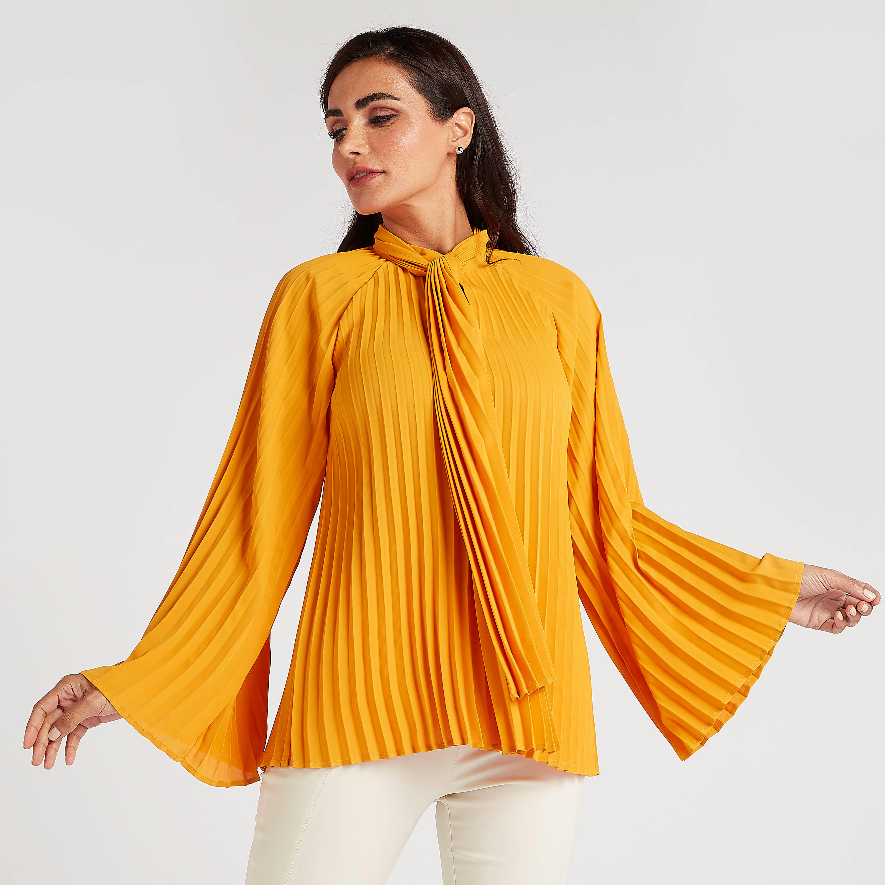 Pleated Top with Neck Tie-Up and Flared Sleeves-women-clothing-shirtsandblouses-blouses-image-8
