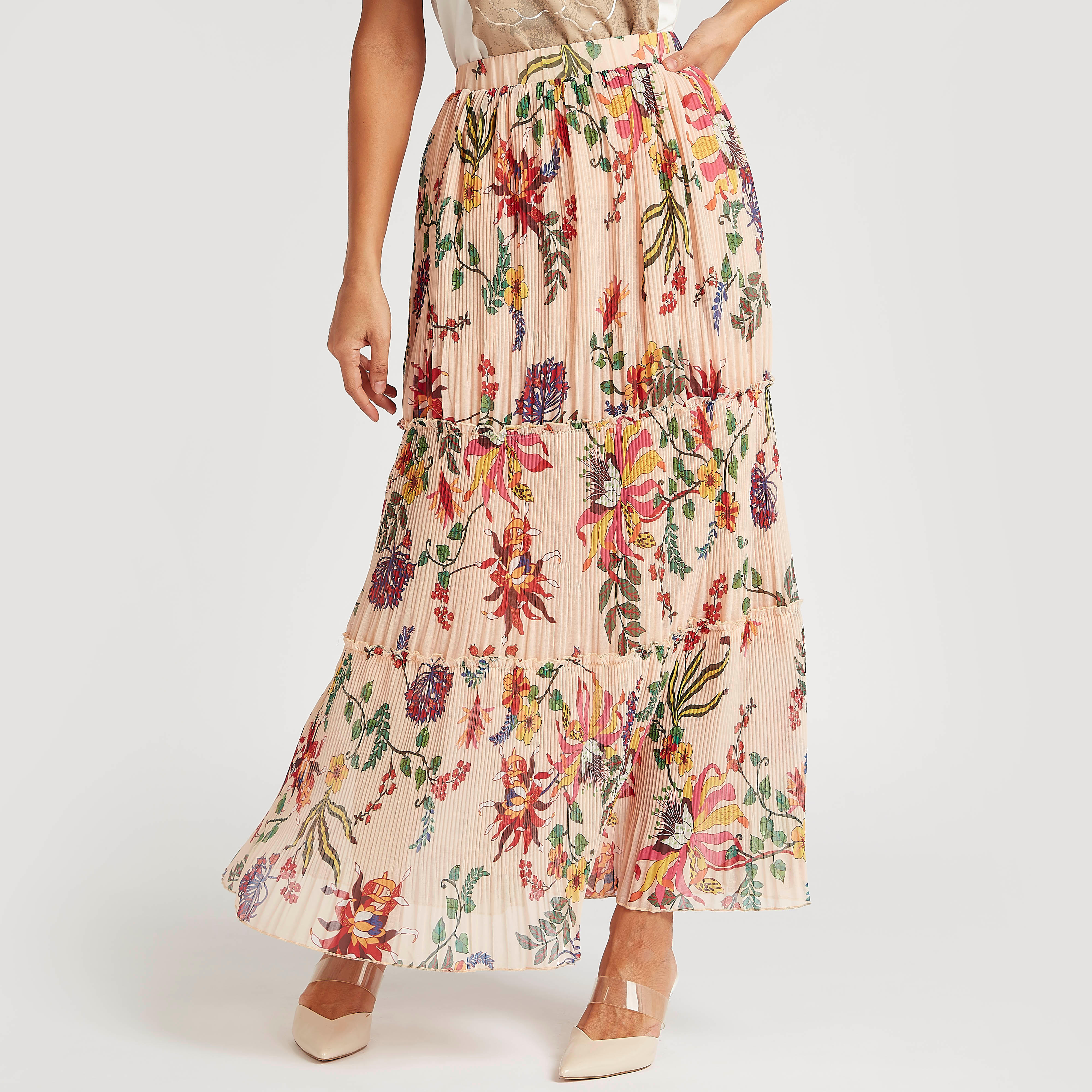 تنورة طويلة إيه لاين متعددة الطبقات بطبعات زهور وخصر مطاطي-women-clothing-bottoms-skirts-image-1