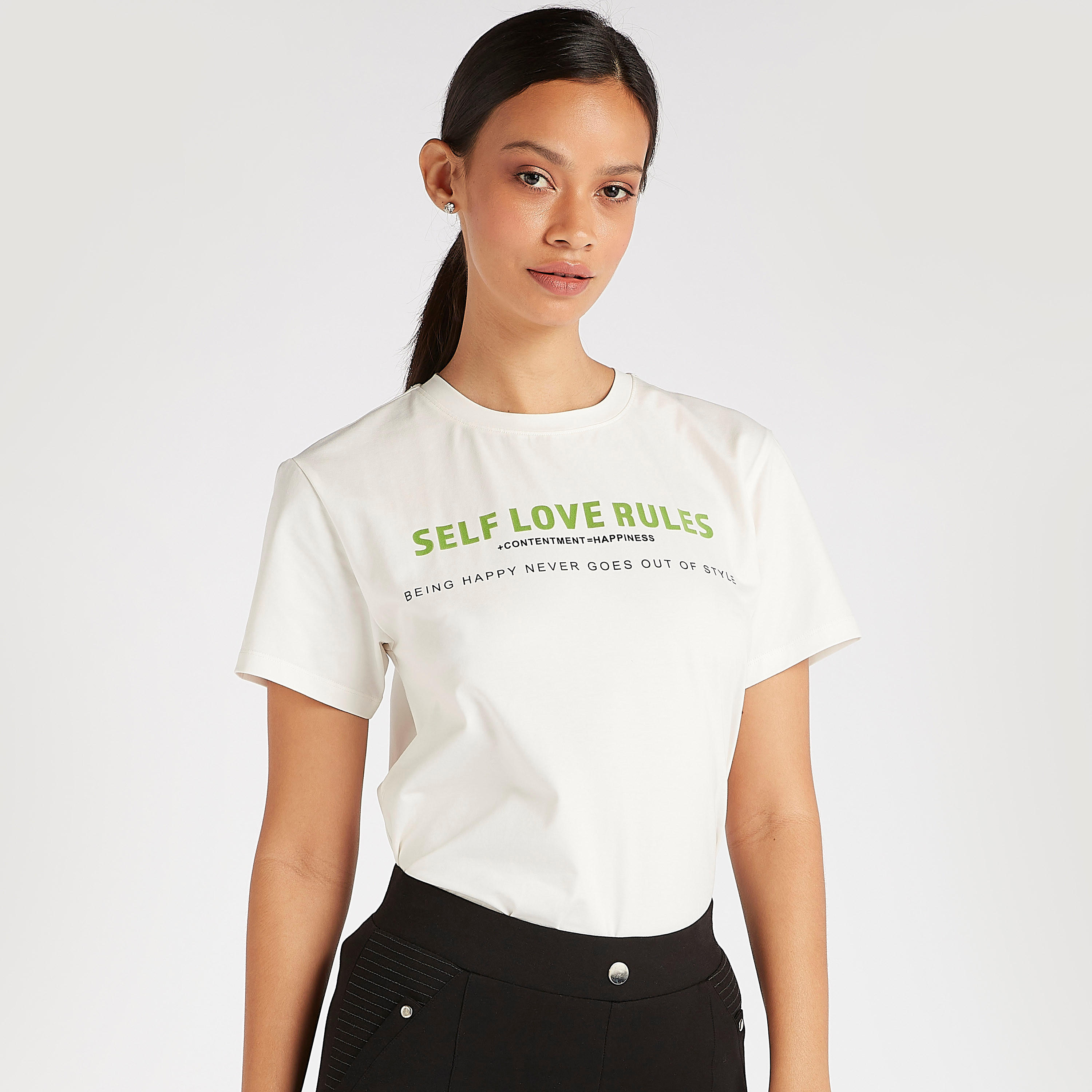 Slogan Print Crew Neck T-shirt with Short Sleeves-women-clothing-tshirts-image-1