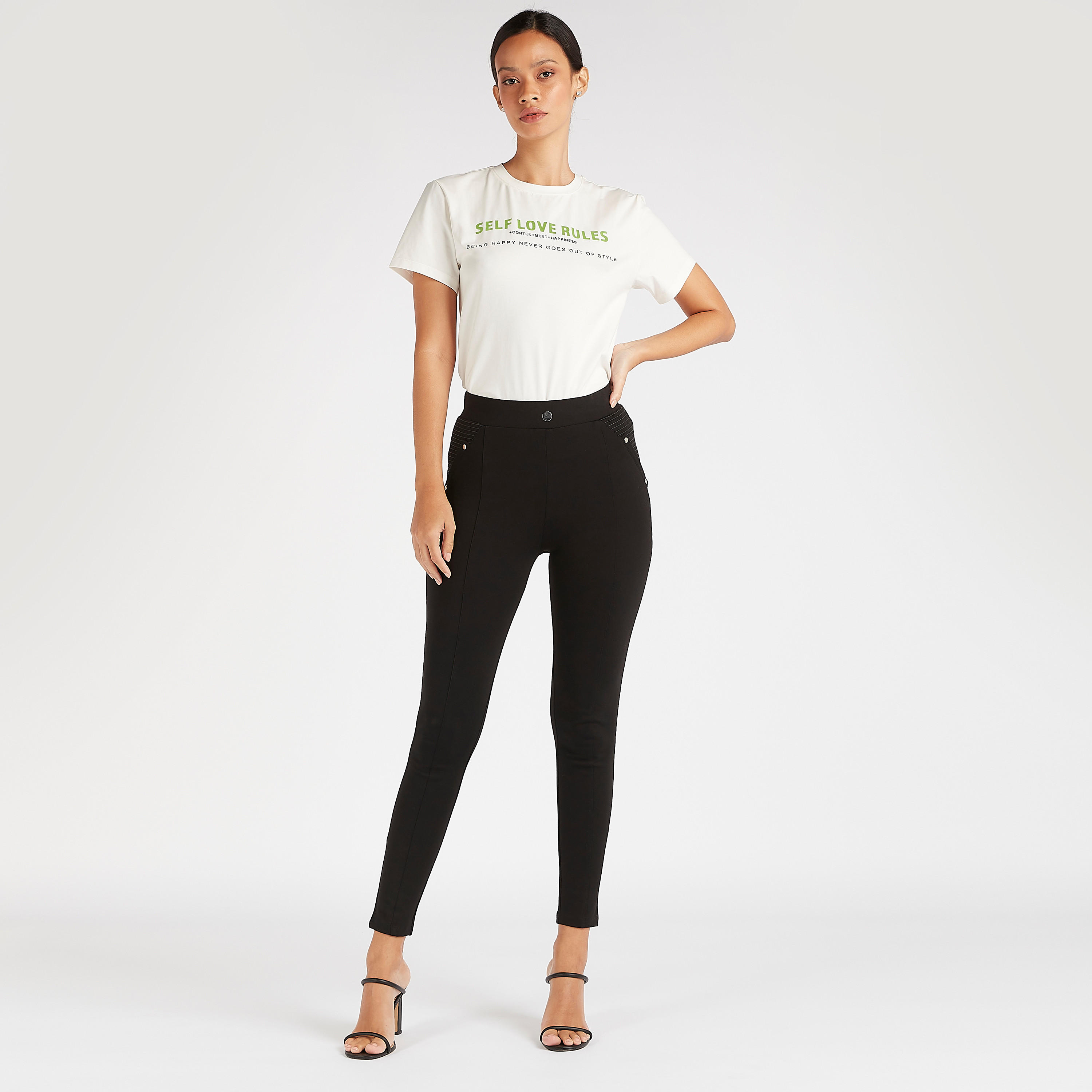 Slogan Print Crew Neck T-shirt with Short Sleeves-women-clothing-tshirts-image-2