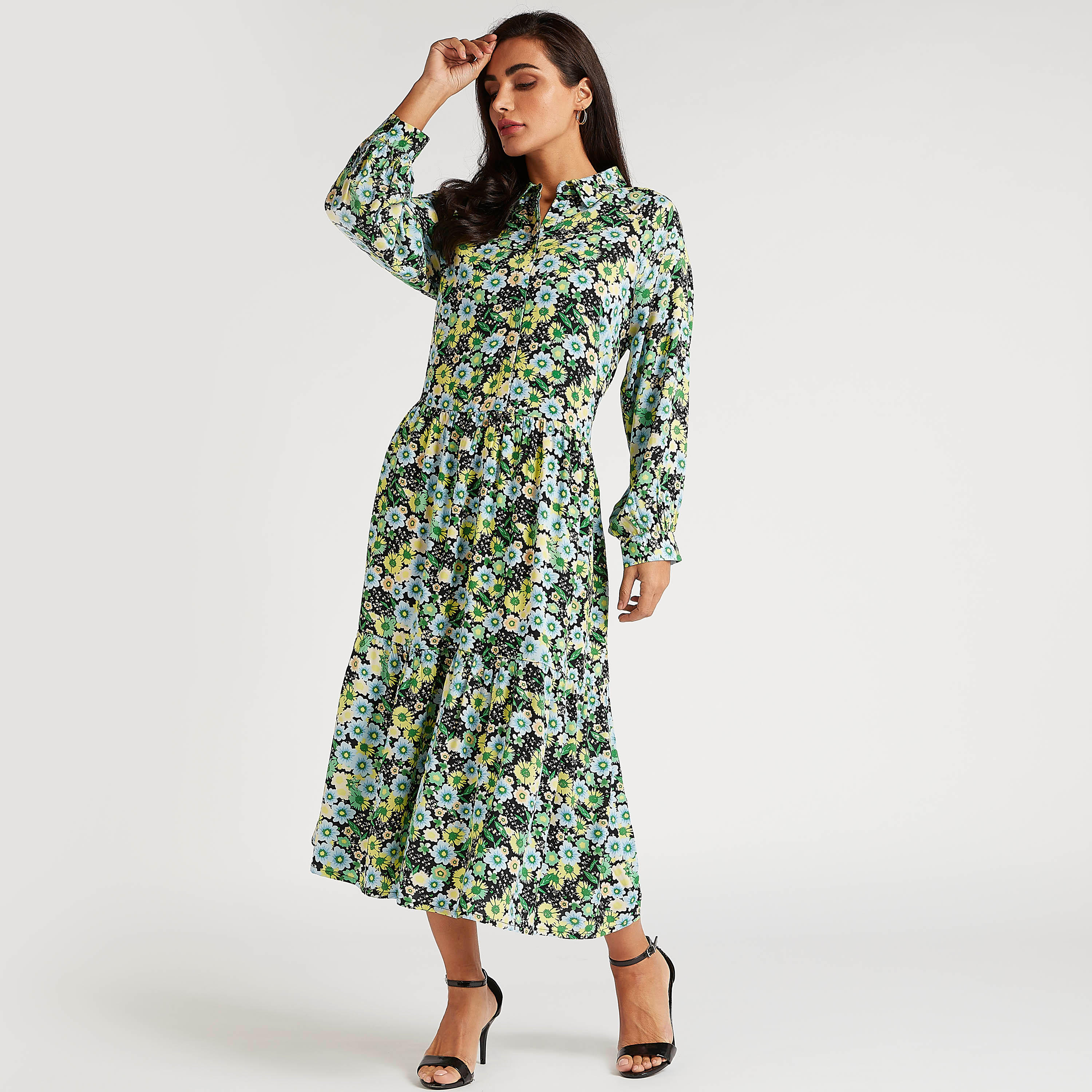 فستان ميدي إيه لاين بطبعات أزهار وأكمام طويلة-women-clothing-dresses-image-2