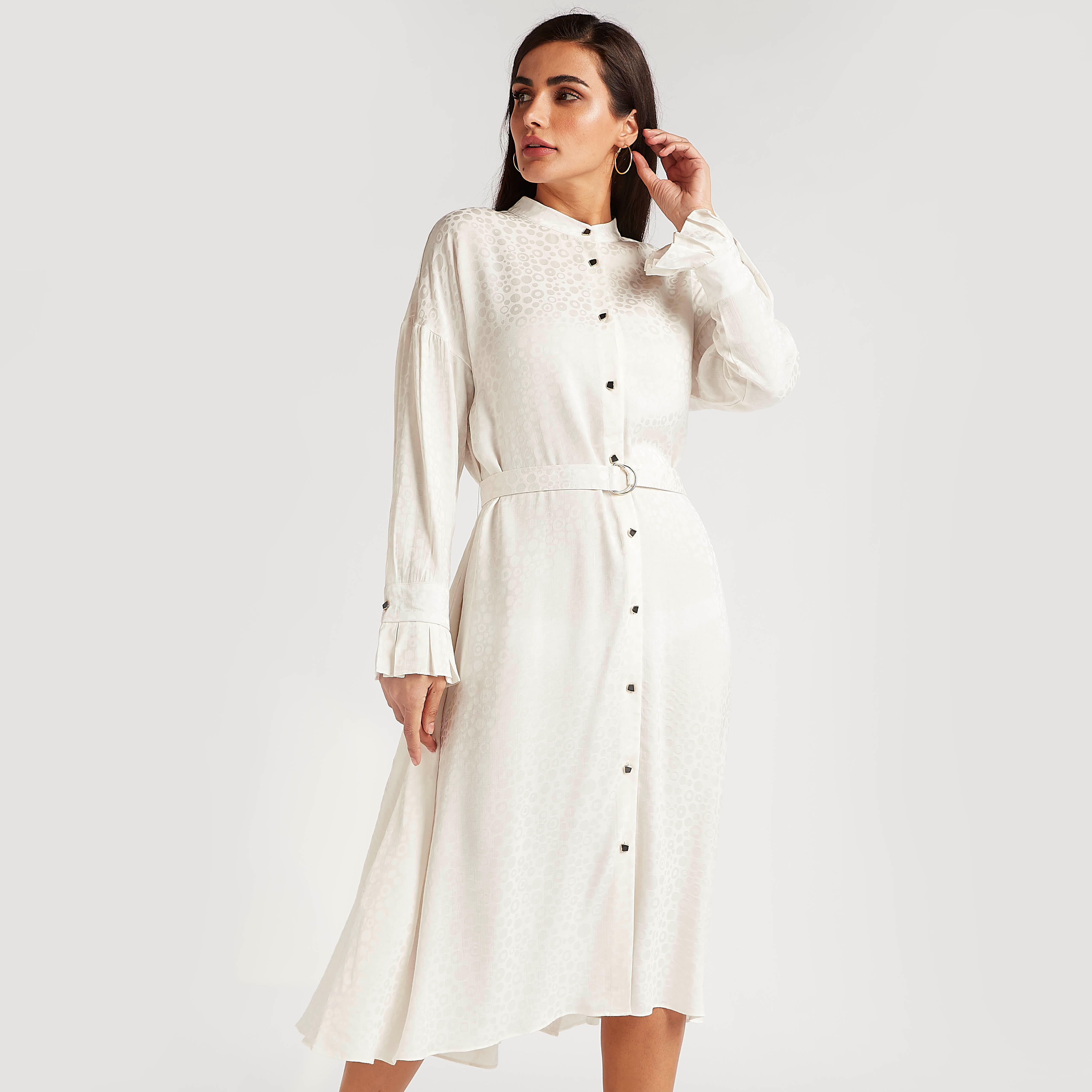 فستان قميص ميدي بارز الملمس بأكمام طويلة وحزام-women-clothing-dresses-image-1