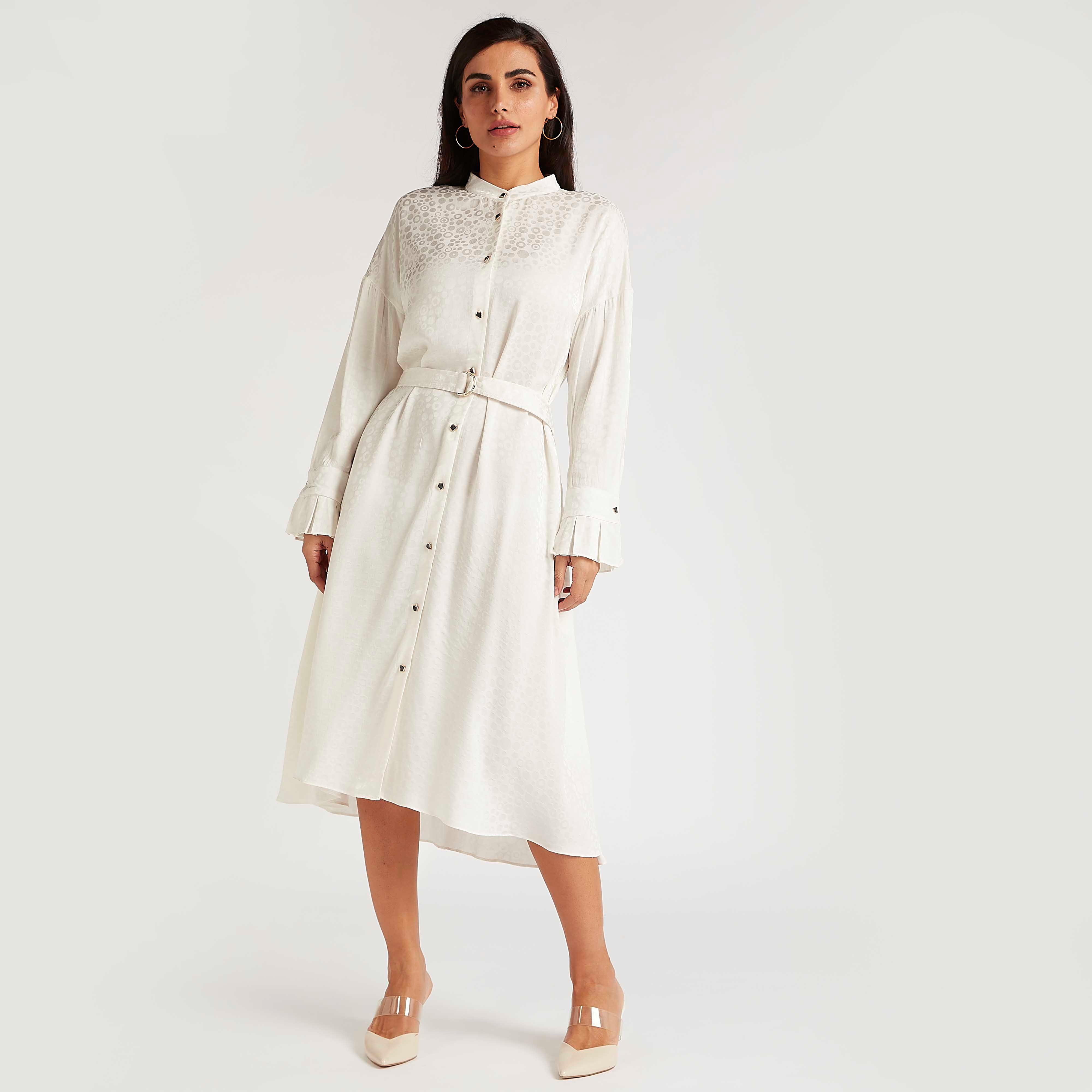 فستان قميص ميدي بارز الملمس بأكمام طويلة وحزام-women-clothing-dresses-image-2