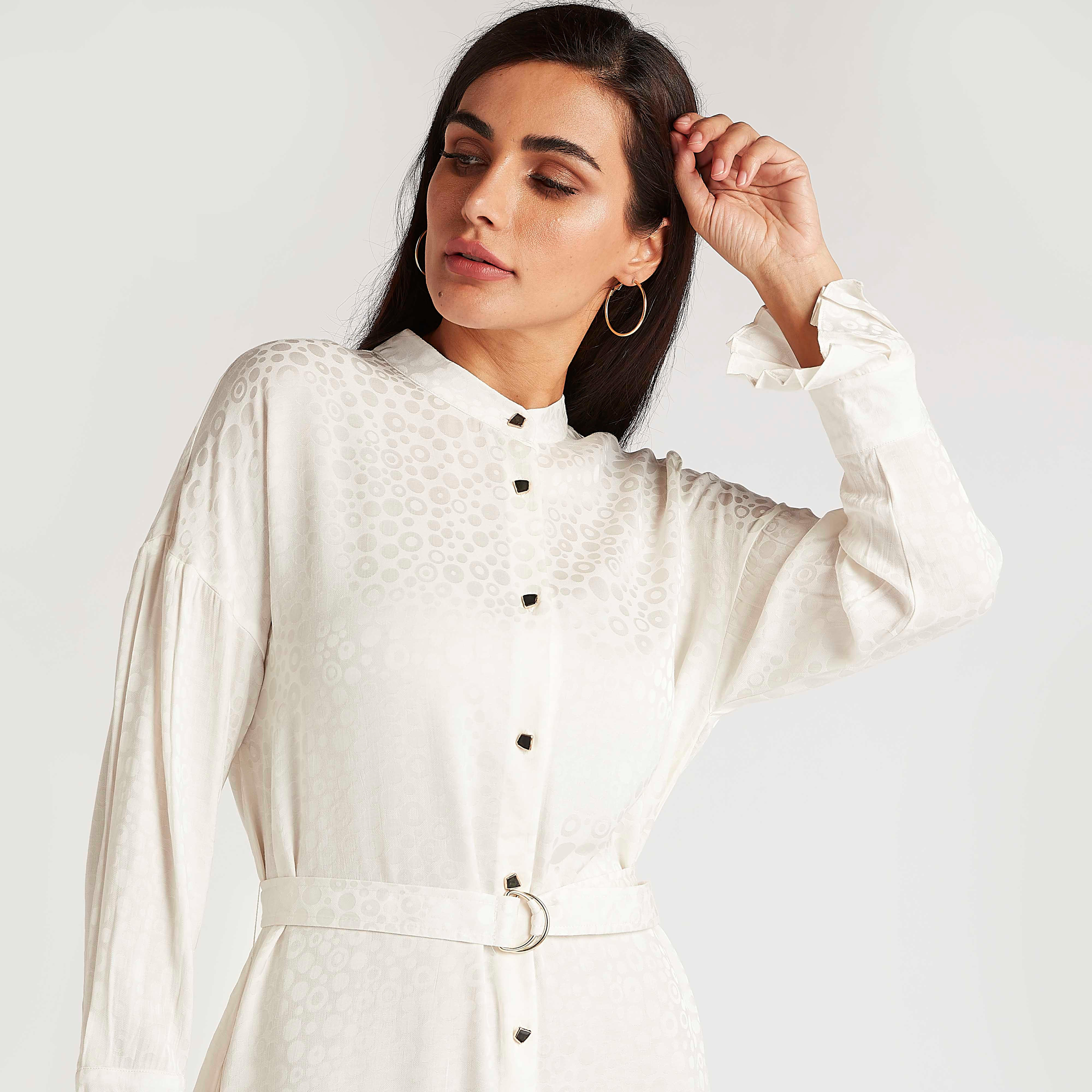 فستان قميص ميدي بارز الملمس بأكمام طويلة وحزام-women-clothing-dresses-image-6