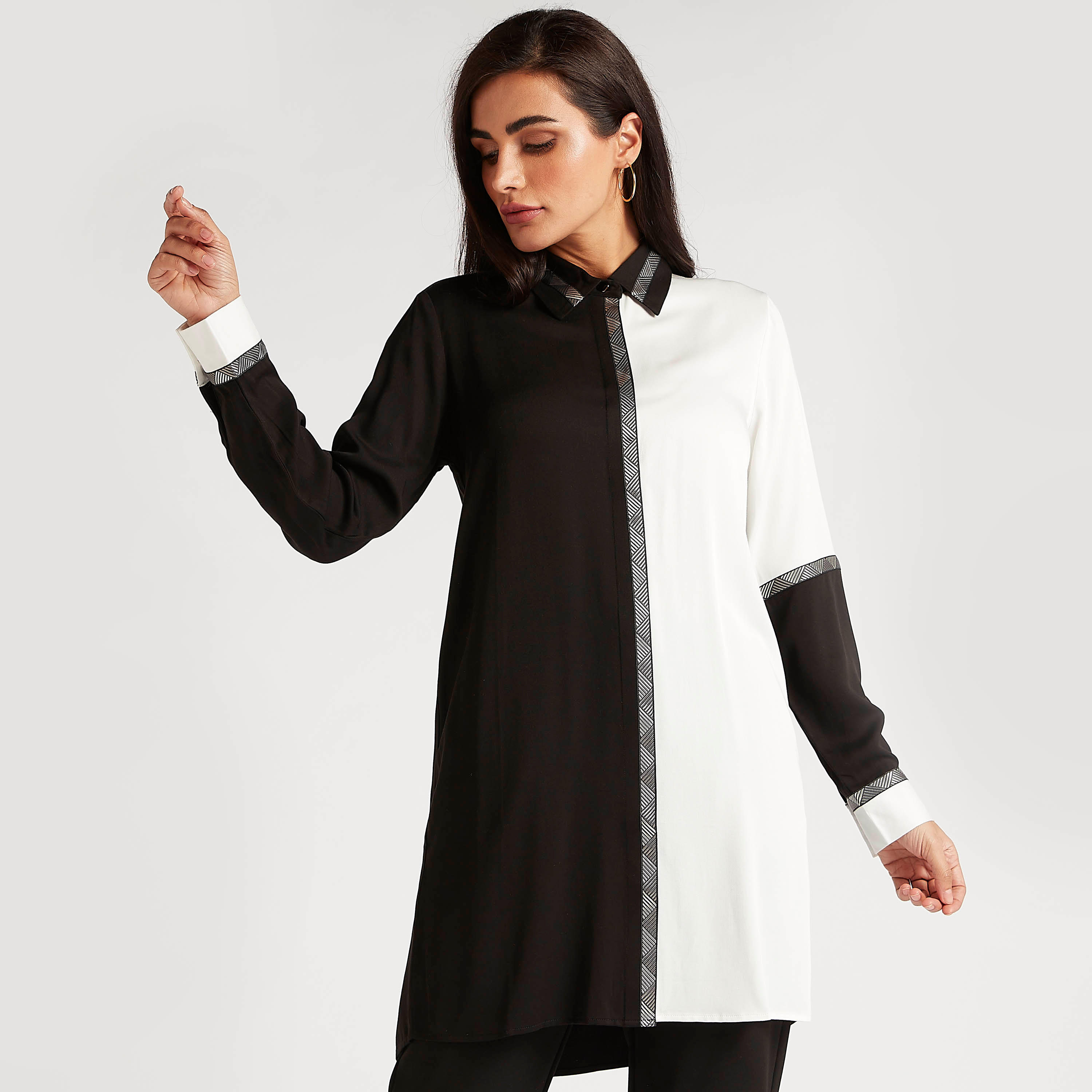 Cut and Sew Longline Top with Long Sleeves and Collar-women-clothing-shirtsandblouses-blouses-image-1