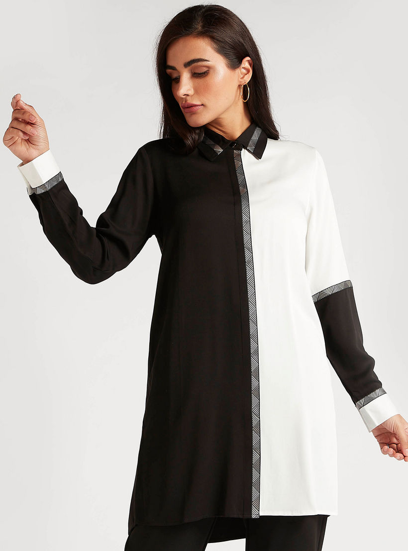 Cut and Sew Longline Top with Long Sleeves and Collar-women-clothing-shirtsandblouses-blouses-image-1