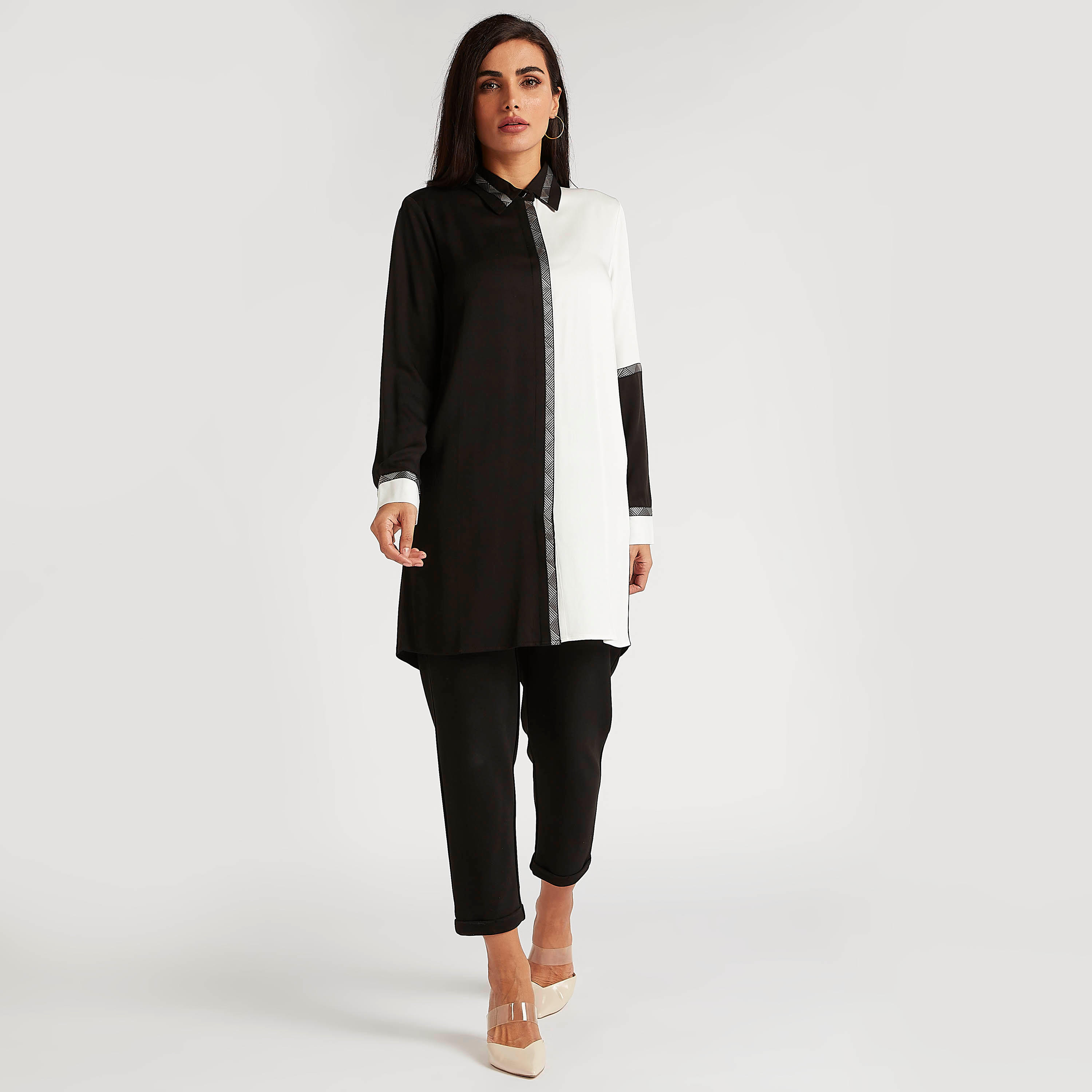 Cut and Sew Longline Top with Long Sleeves and Collar-women-clothing-shirtsandblouses-blouses-image-2