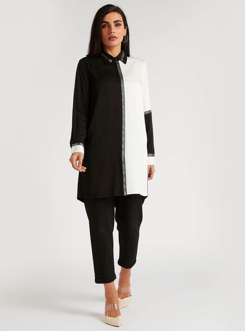 Cut and Sew Longline Top with Long Sleeves and Collar-women-clothing-shirtsandblouses-blouses-image-2