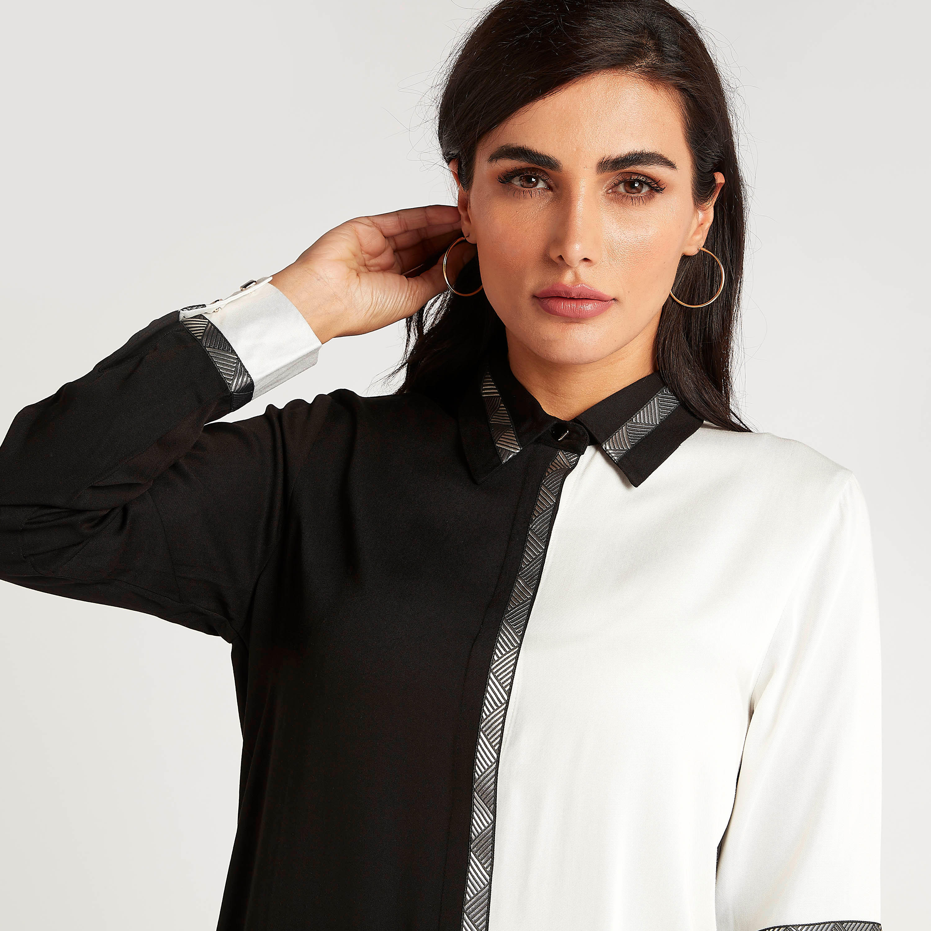 Cut and Sew Longline Top with Long Sleeves and Collar-women-clothing-shirtsandblouses-blouses-image-3