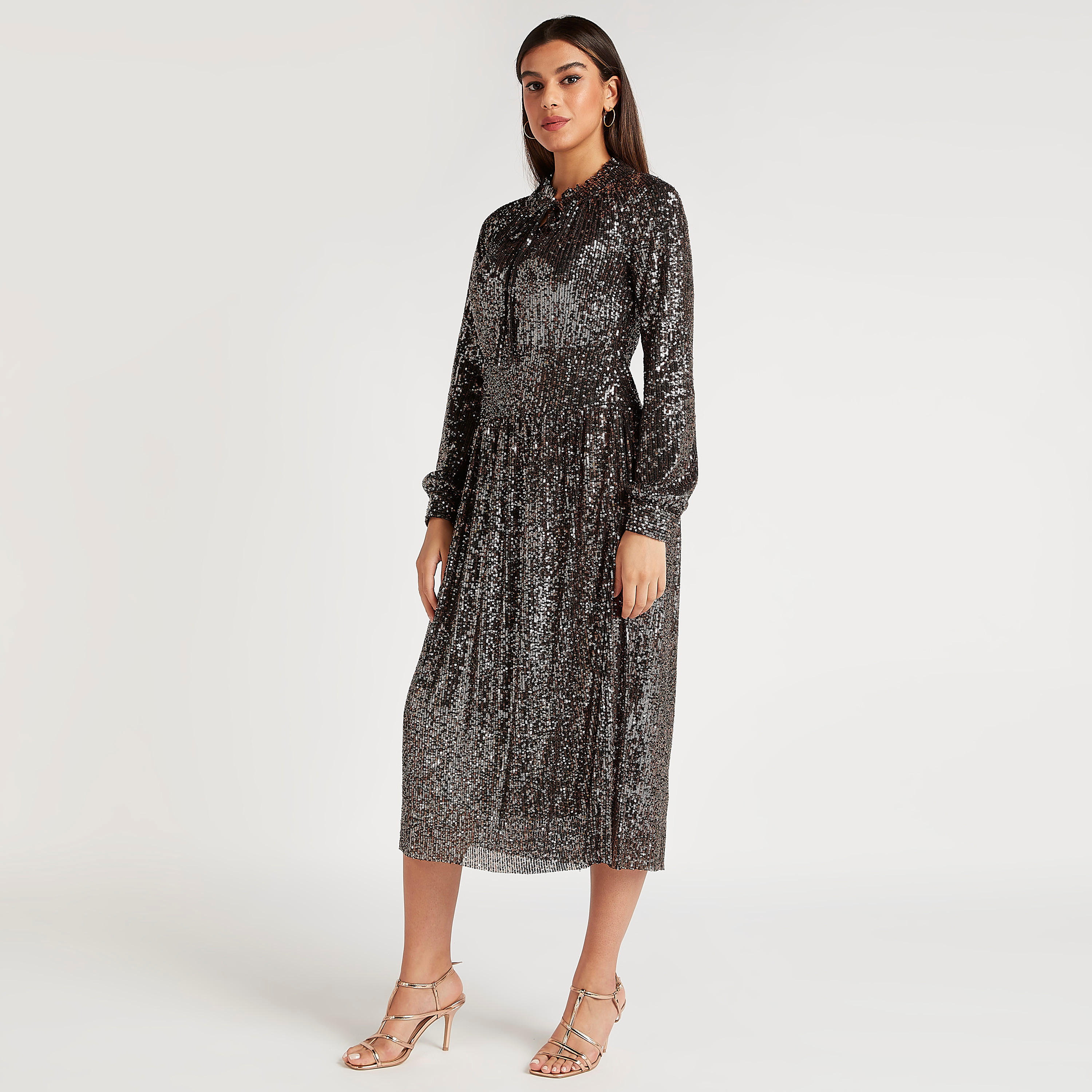 فستان إيه لاين ميدي مزيّن بأكمام قصيرة وربطة عنق-women-clothing-dresses-image-2