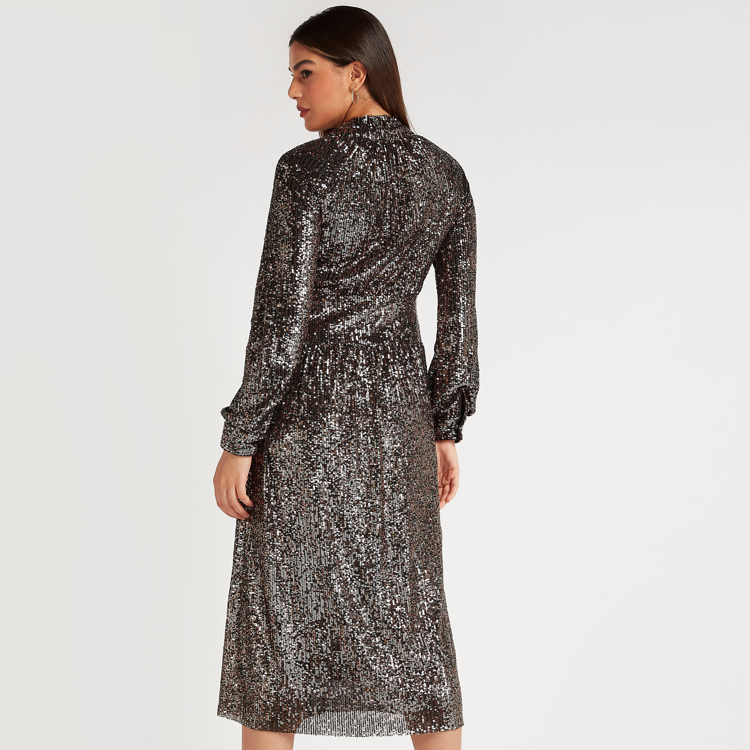 فستان إيه لاين ميدي مزيّن بأكمام قصيرة وربطة عنق-women-clothing-dresses-image-4