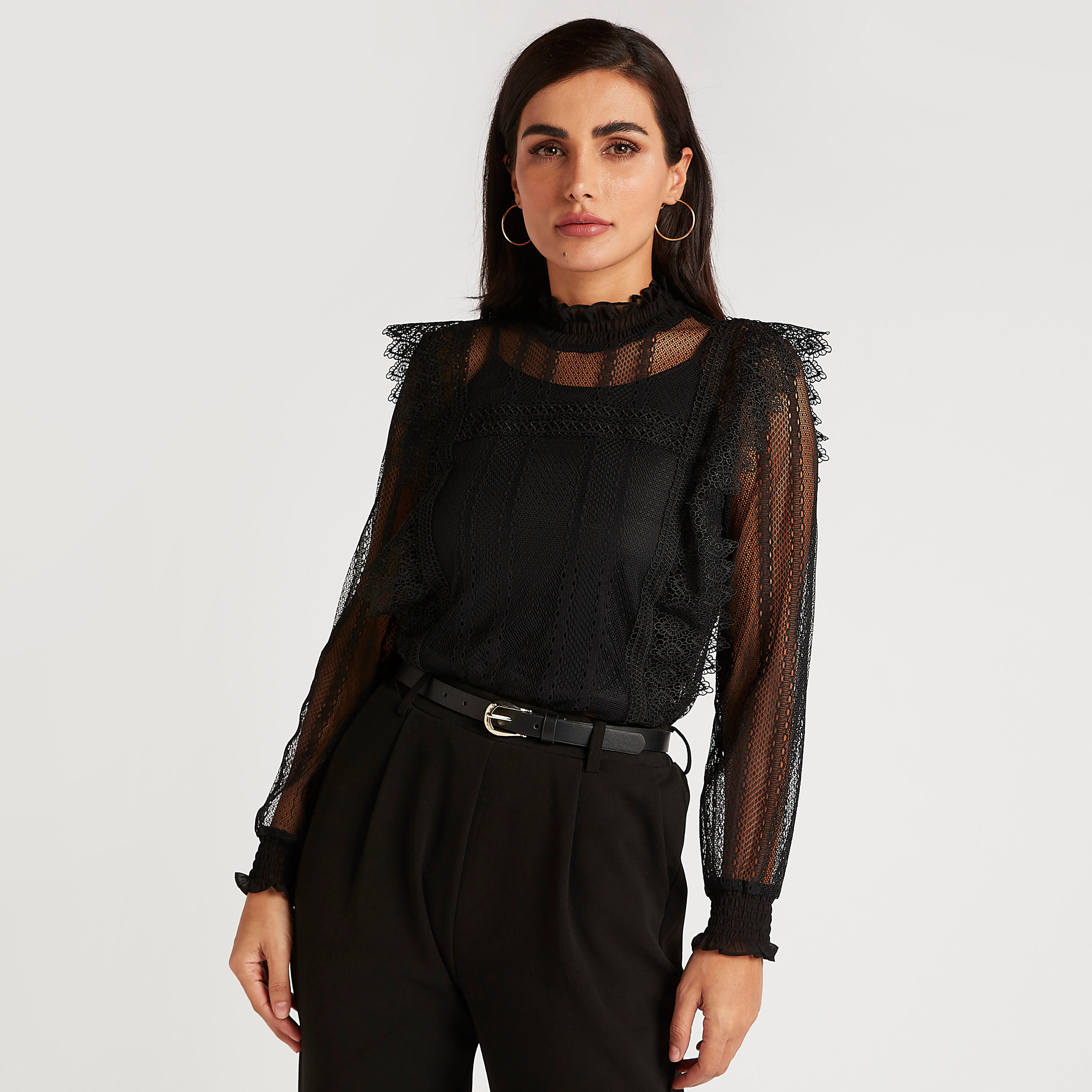 Lace Top with Long Sleeves and Smocked High Neck-women-clothing-shirtsandblouses-blouses-image-1