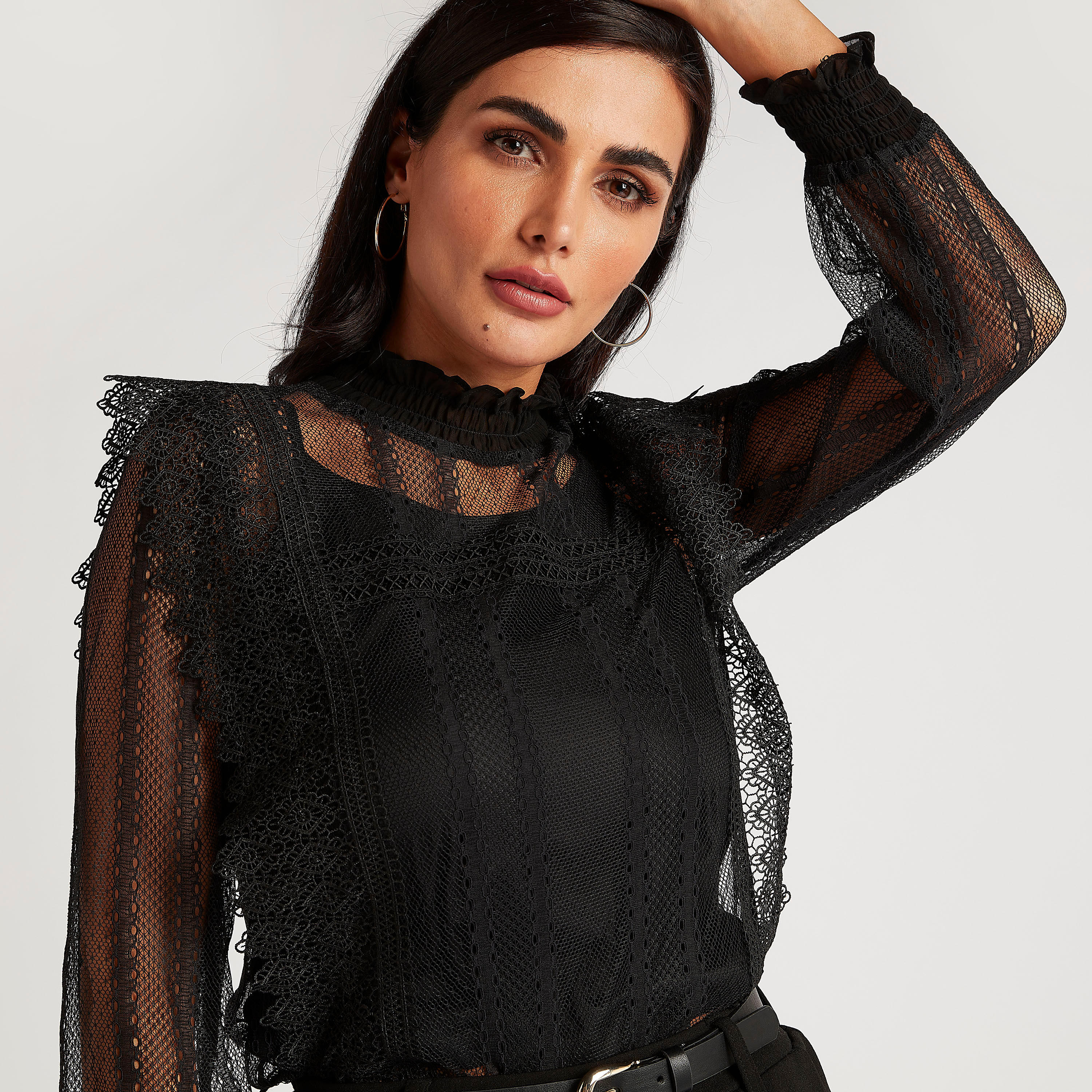 Lace Top with Long Sleeves and Smocked High Neck-women-clothing-shirtsandblouses-blouses-image-5