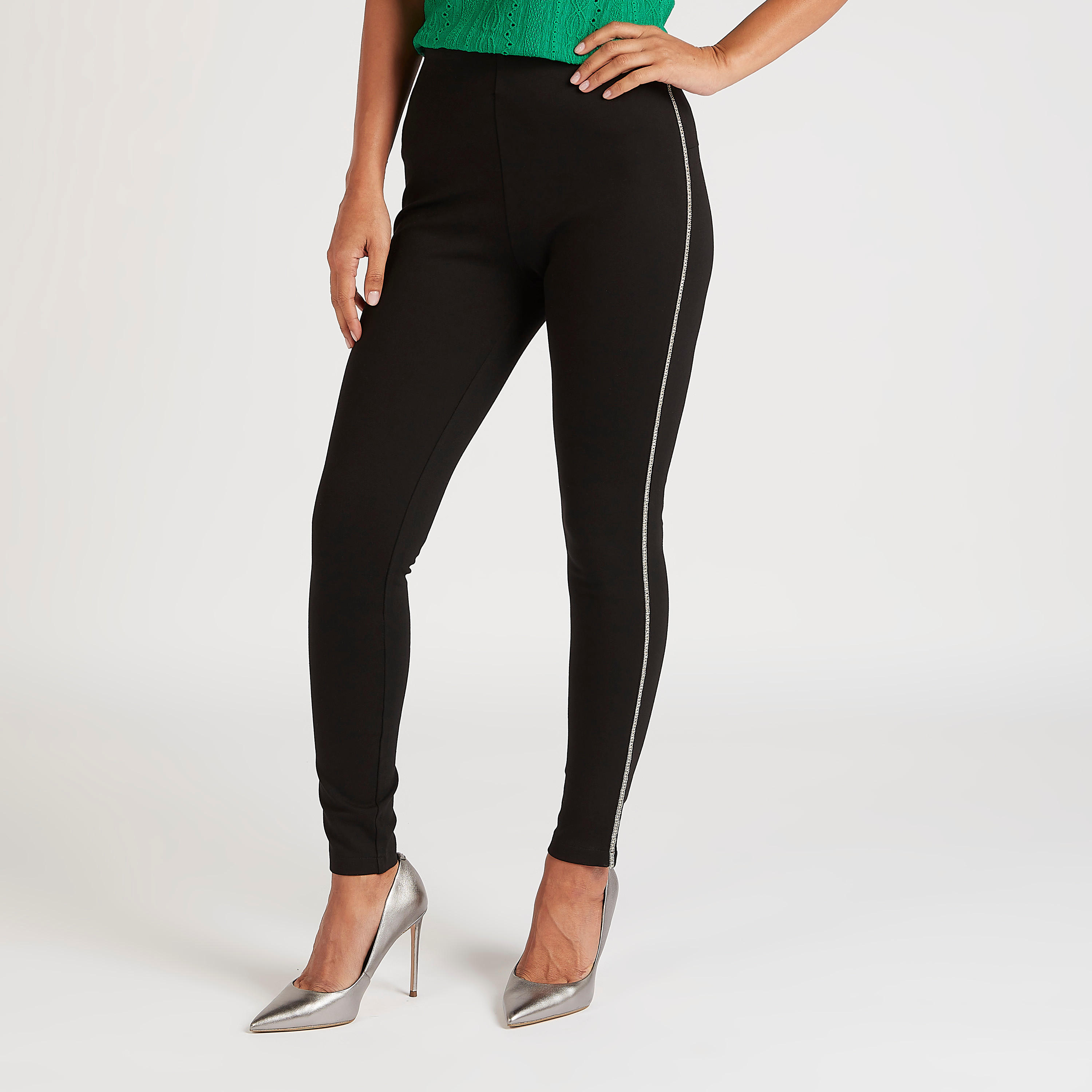 بنطلون ليقنز سادة سليم فيت بخصر متوسّط الارتفاع وتفاصيل دانتيل-women-clothing-bottoms-leggings-image-1