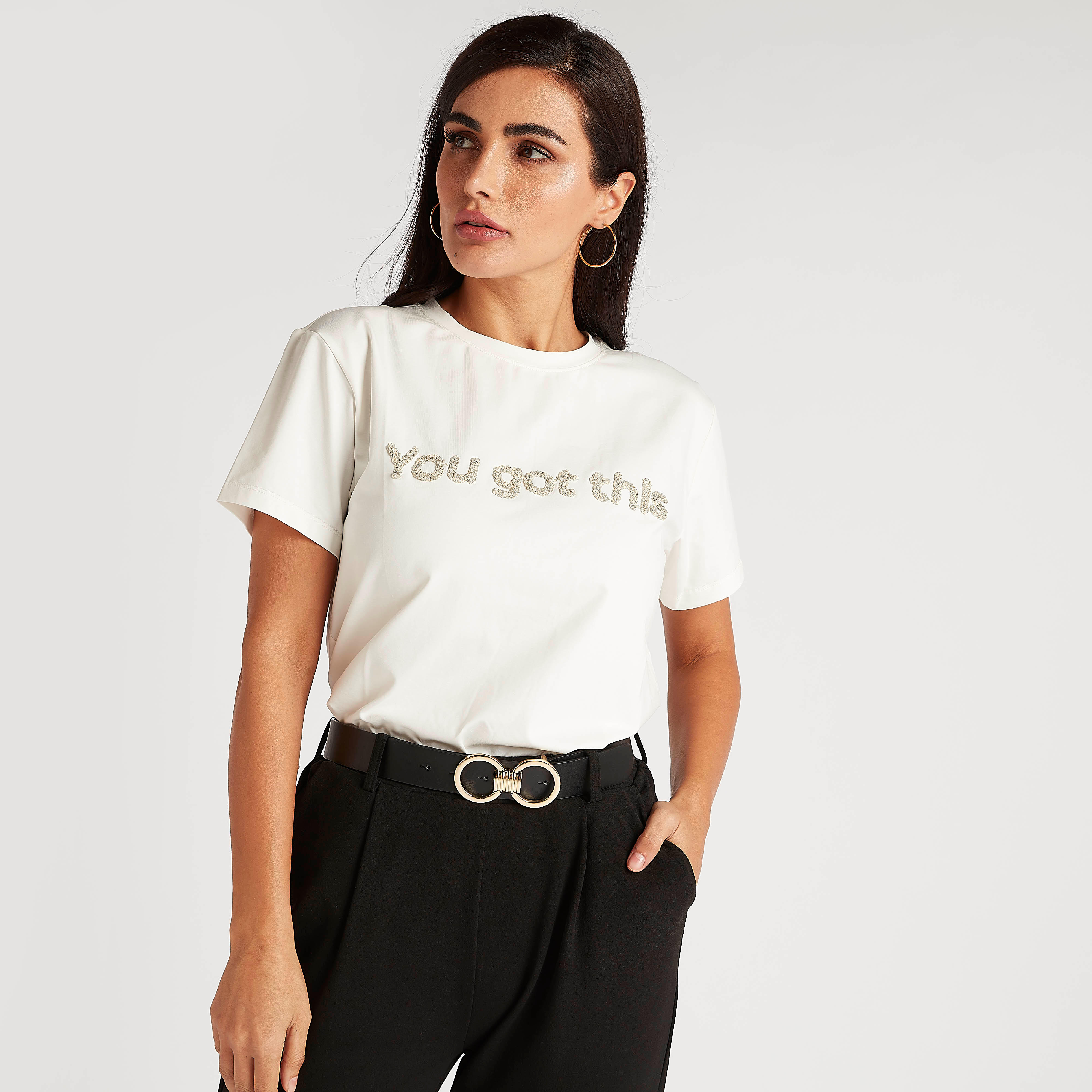 Embroidered Crew Neck T-shirt with Short Sleeves-women-clothing-tshirts-image-1