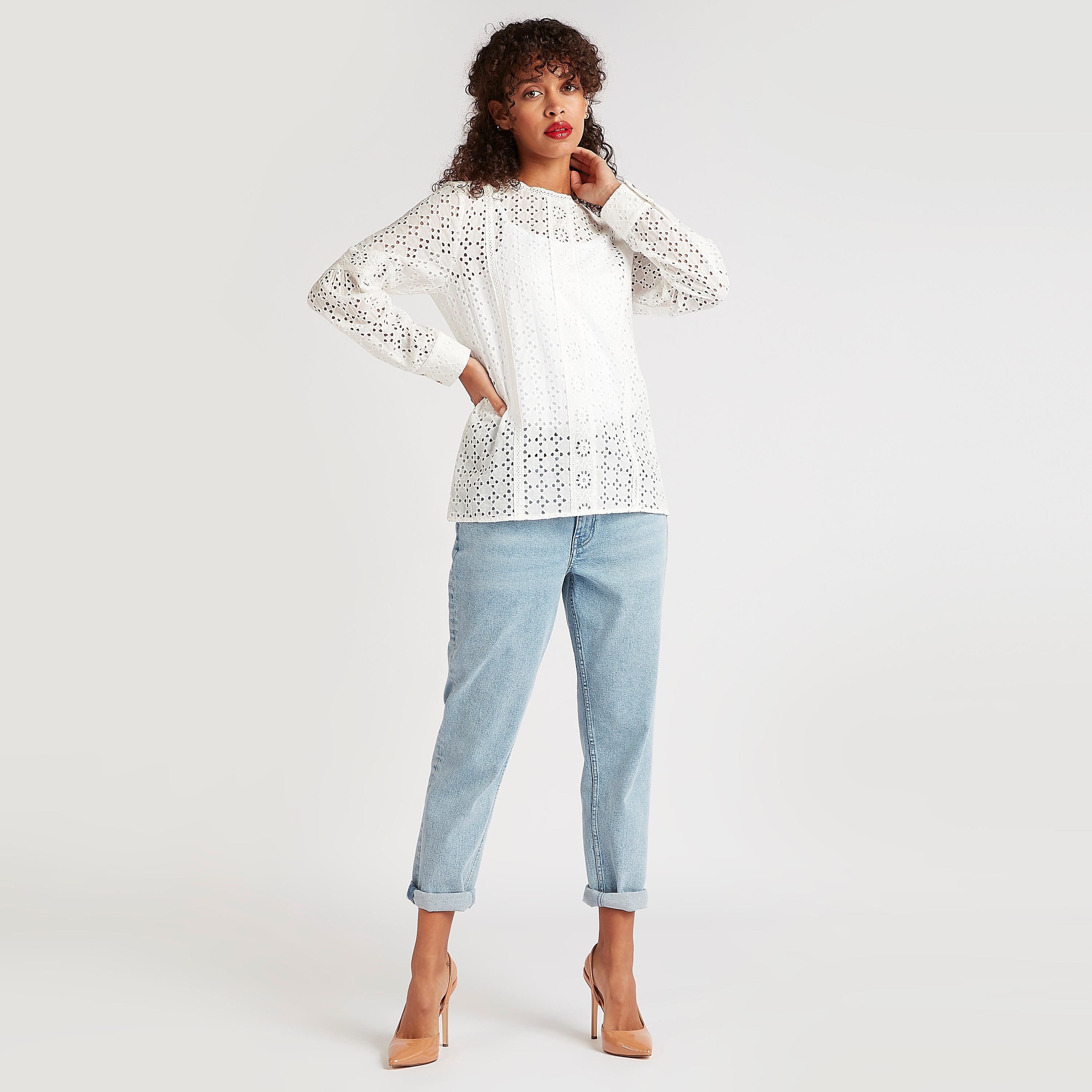 بلوزة بارزة الملمس بياقة ضيّقة وأكمام طويلة-women-clothing-shirtsandblouses-blouses-image-2