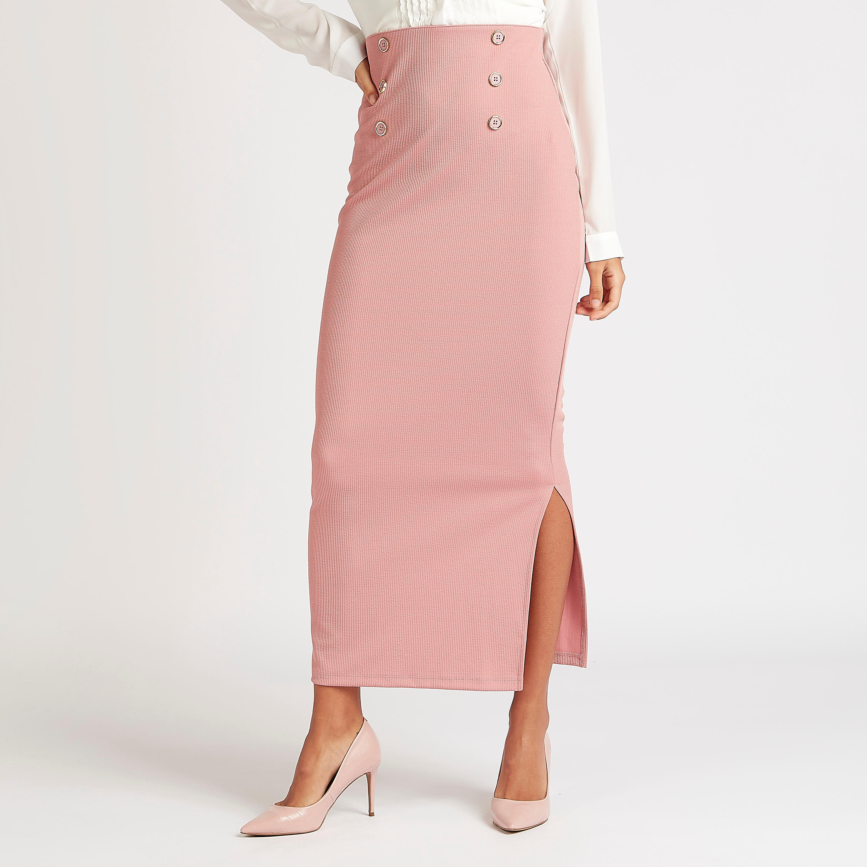 تنّورة ضيّفة طويلة بارزة الملمس بتزيينات أزرار-women-clothing-bottoms-skirts-image-1
