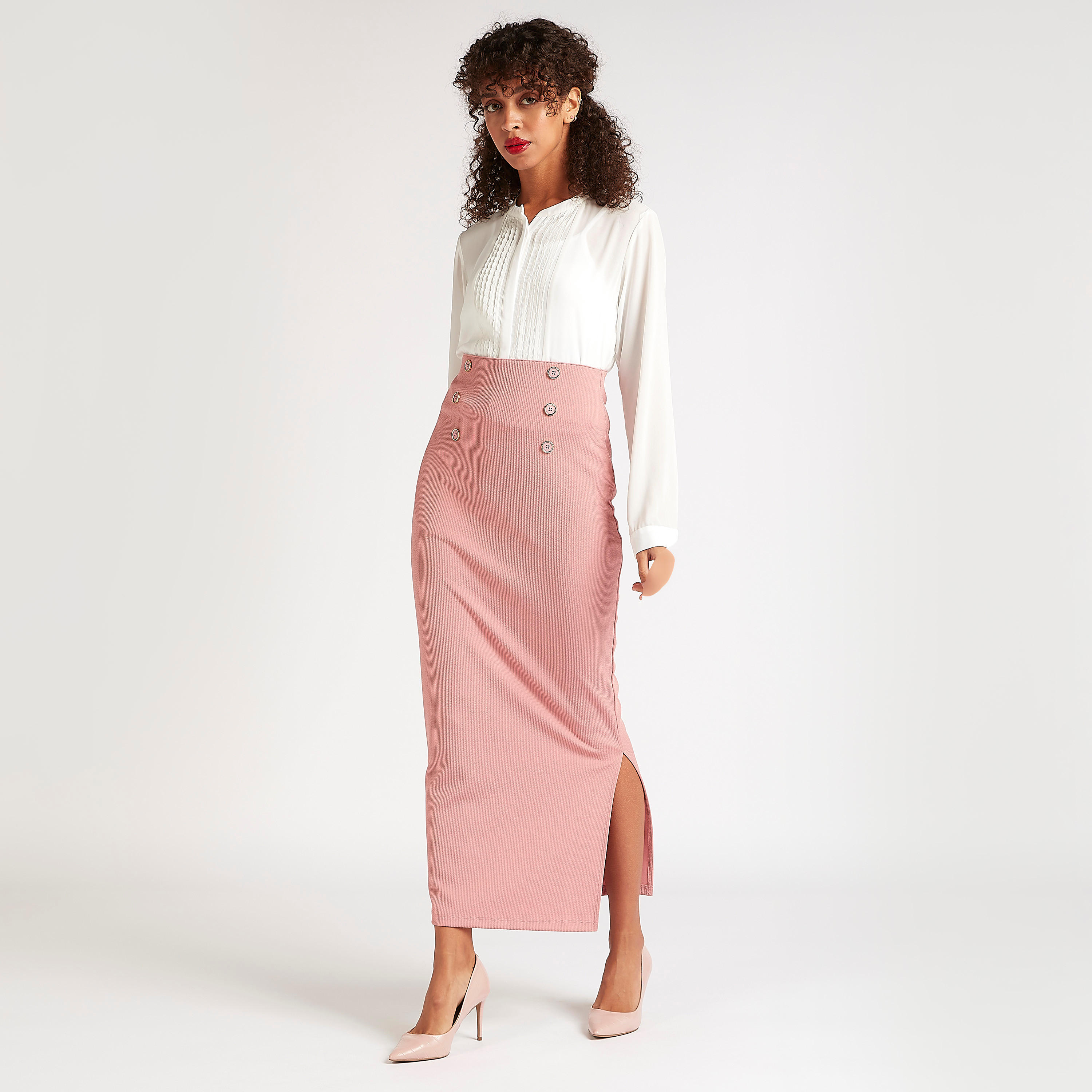تنّورة ضيّفة طويلة بارزة الملمس بتزيينات أزرار-women-clothing-bottoms-skirts-image-2