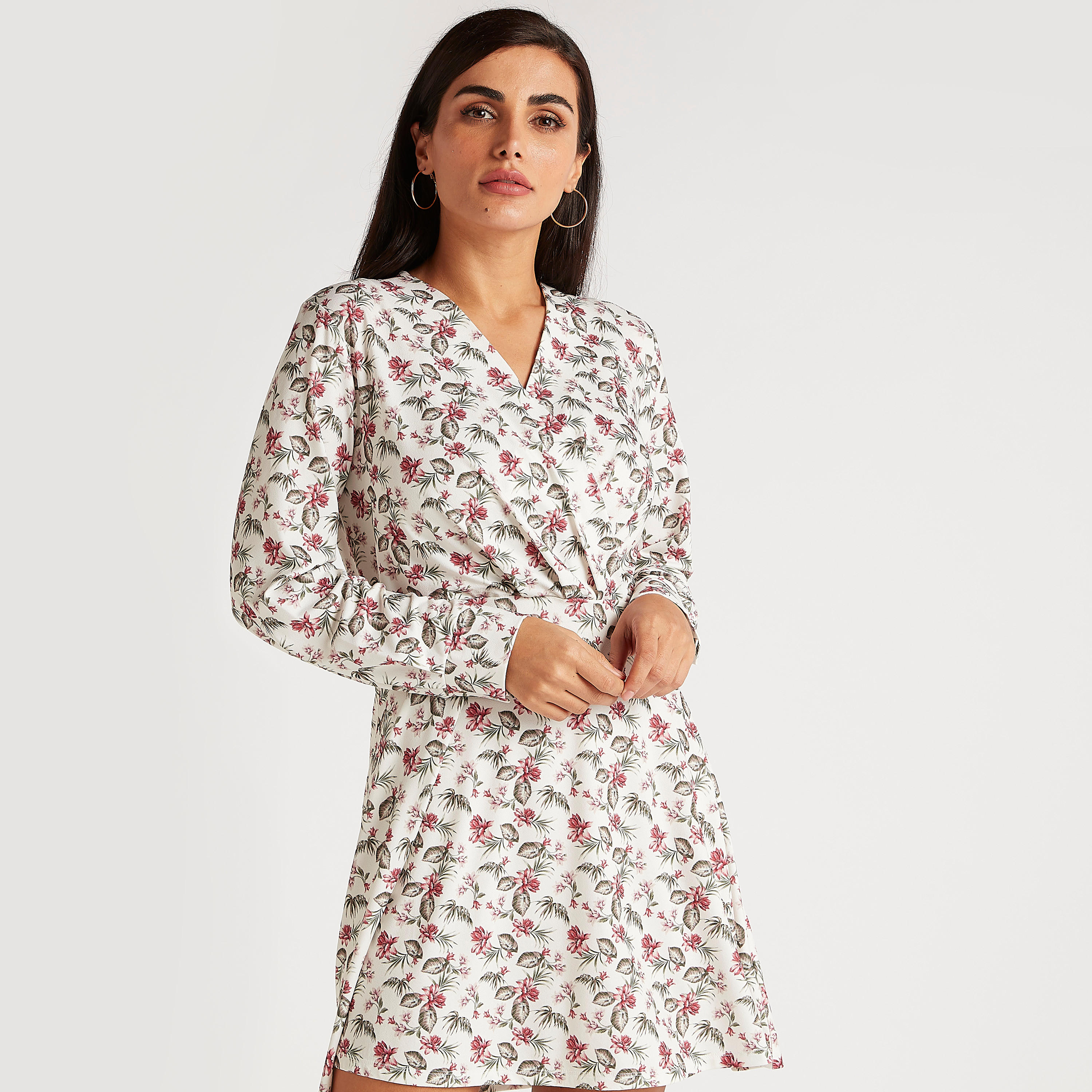 Printed V-neck Tunic with Long Sleeves-women-clothing-shirtsandblouses-blouses-image-1