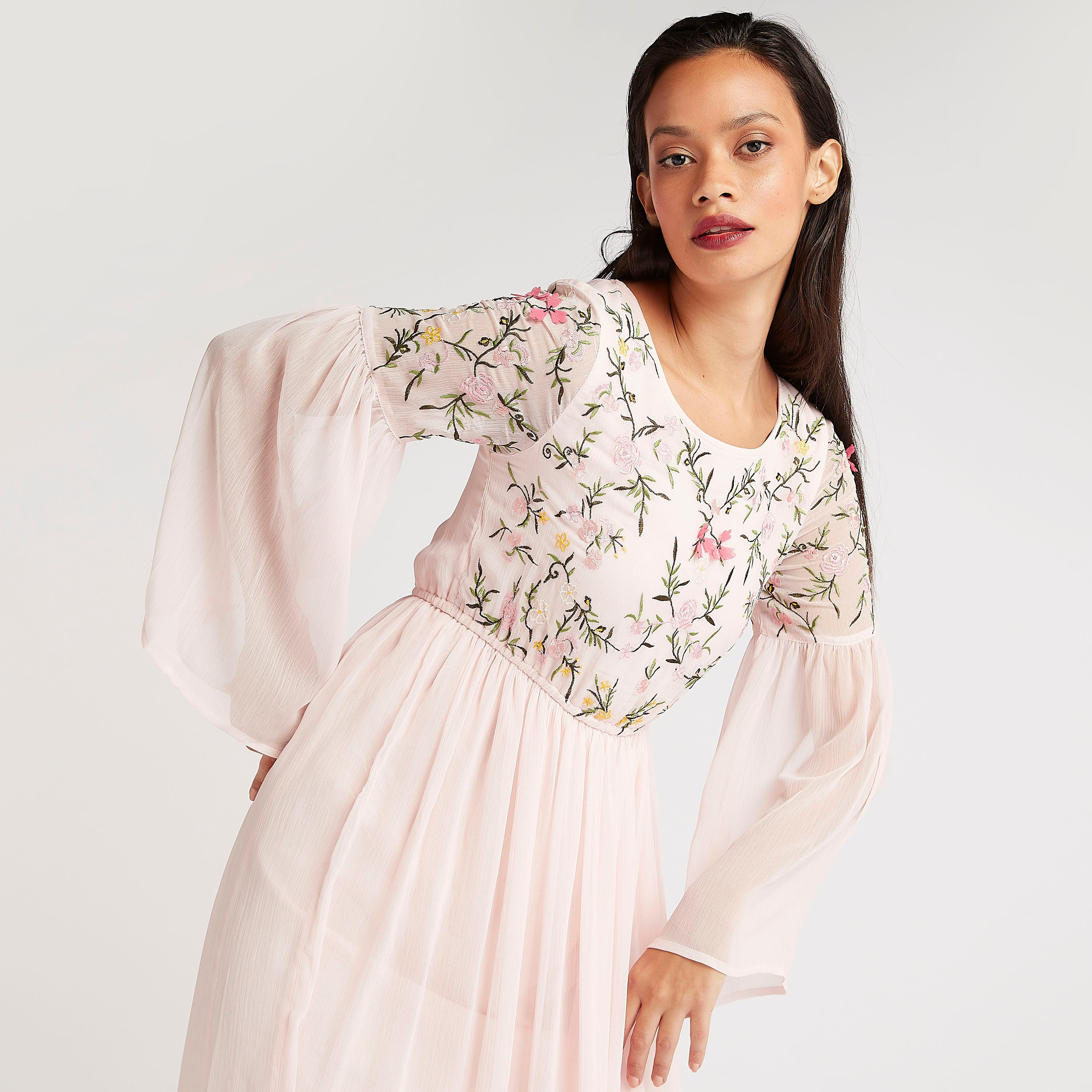 فستان إيه لاين طويل مطرّز بأكمام واسعة-women-clothing-dresses-image-2