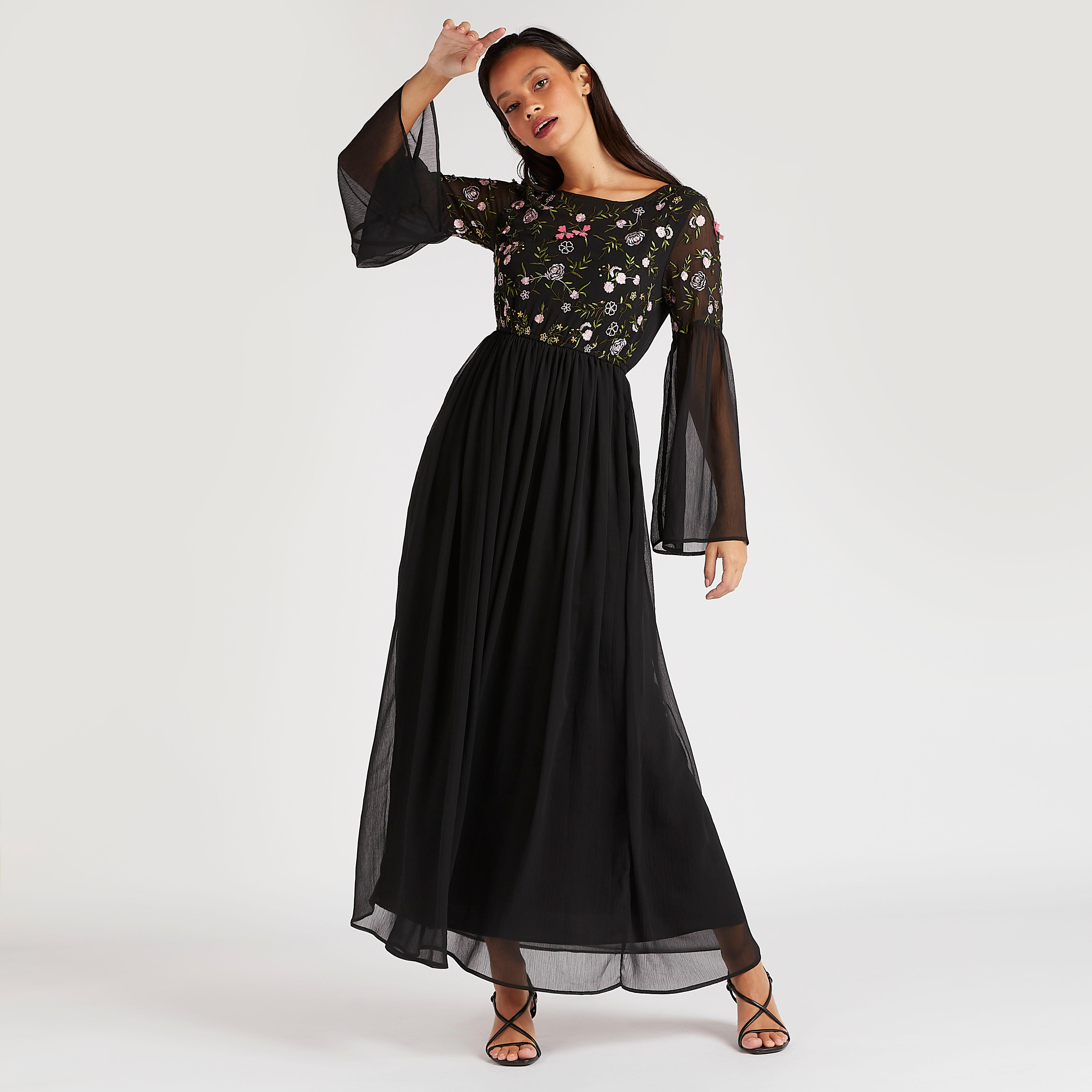 فستان إيه لاين طويل مطرّز بأكمام واسعة-women-clothing-dresses-image-1