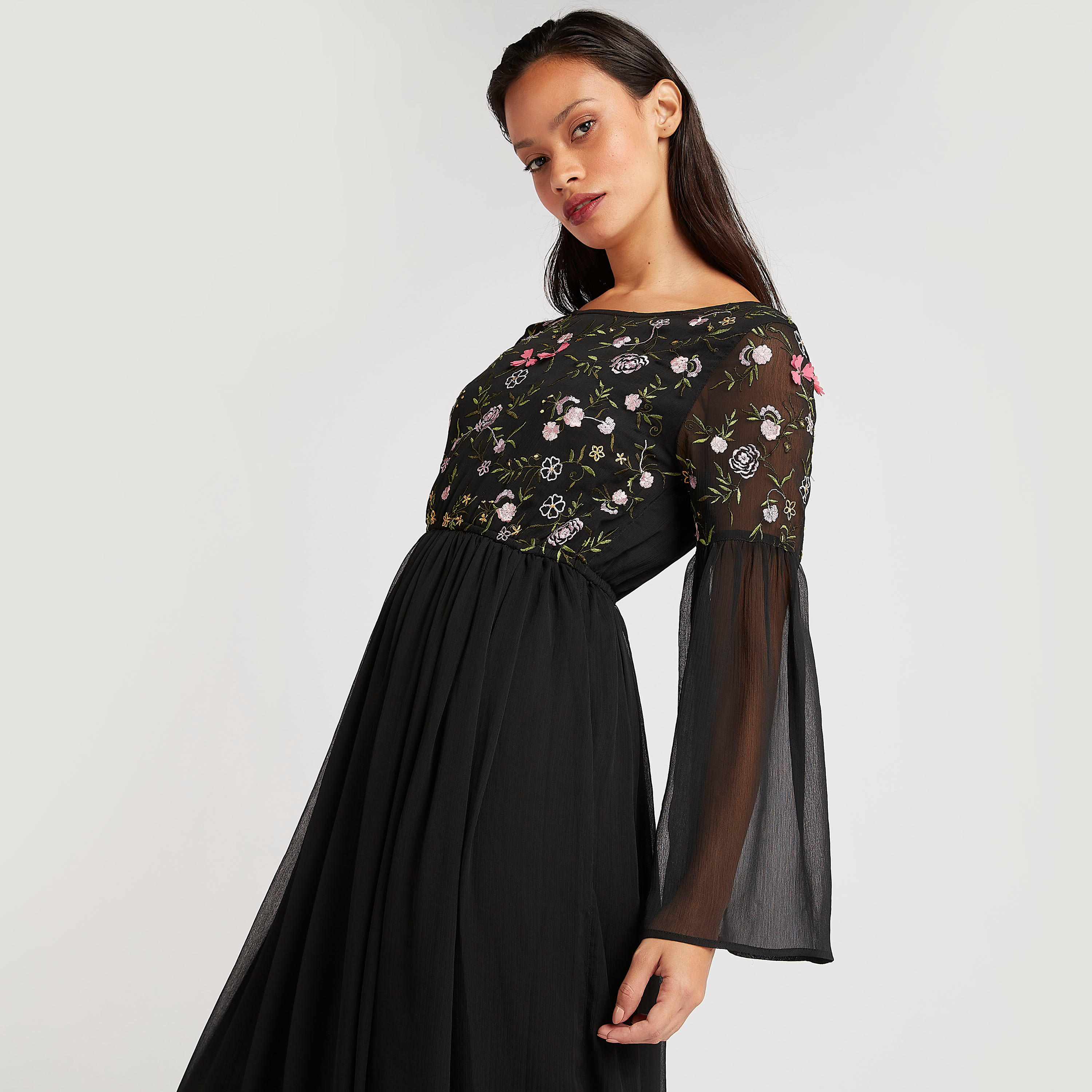 فستان إيه لاين طويل مطرّز بأكمام واسعة-women-clothing-dresses-image-2