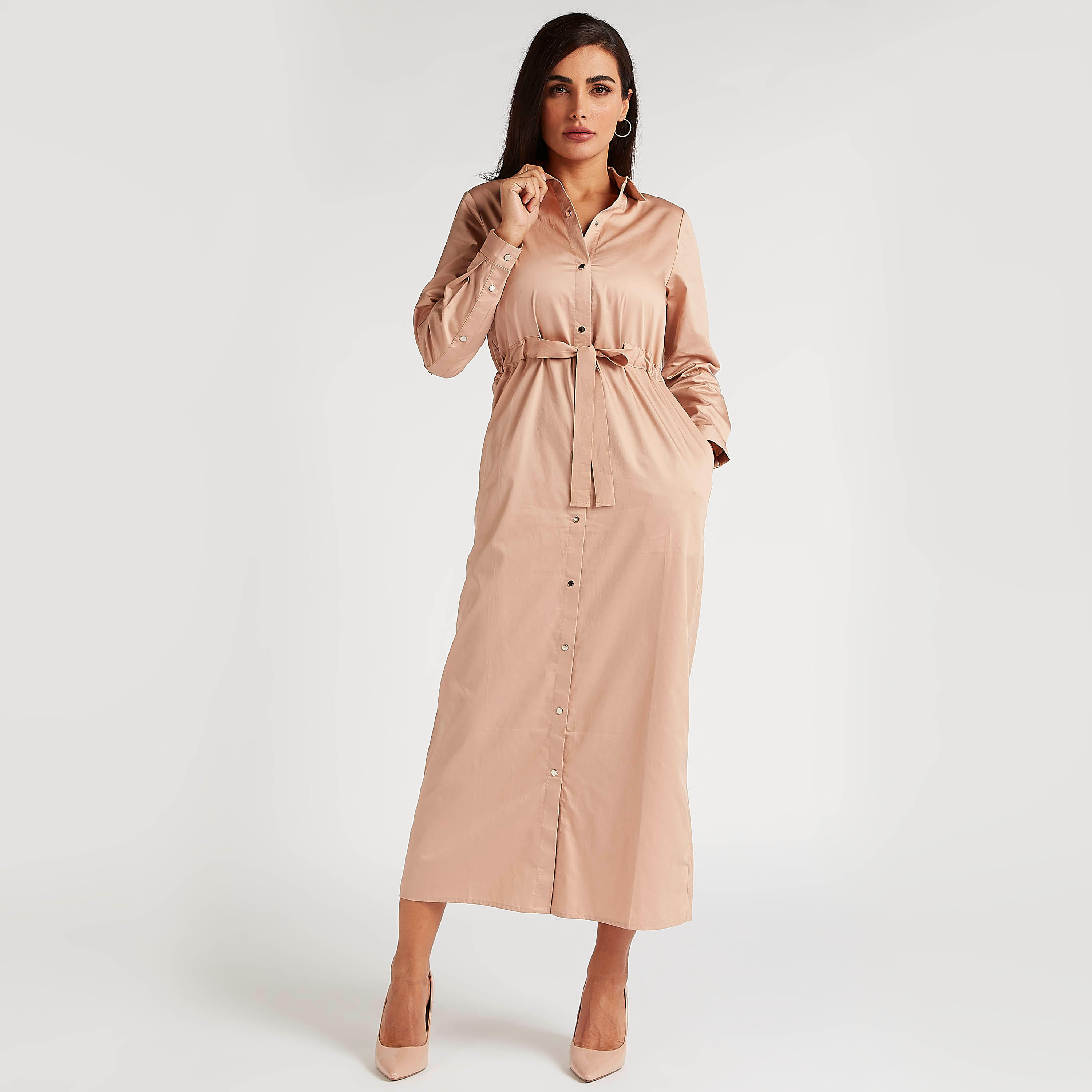 Solid Midi Belted A-line Dress with Collar and Pockets-women-clothing-dresses-image-1