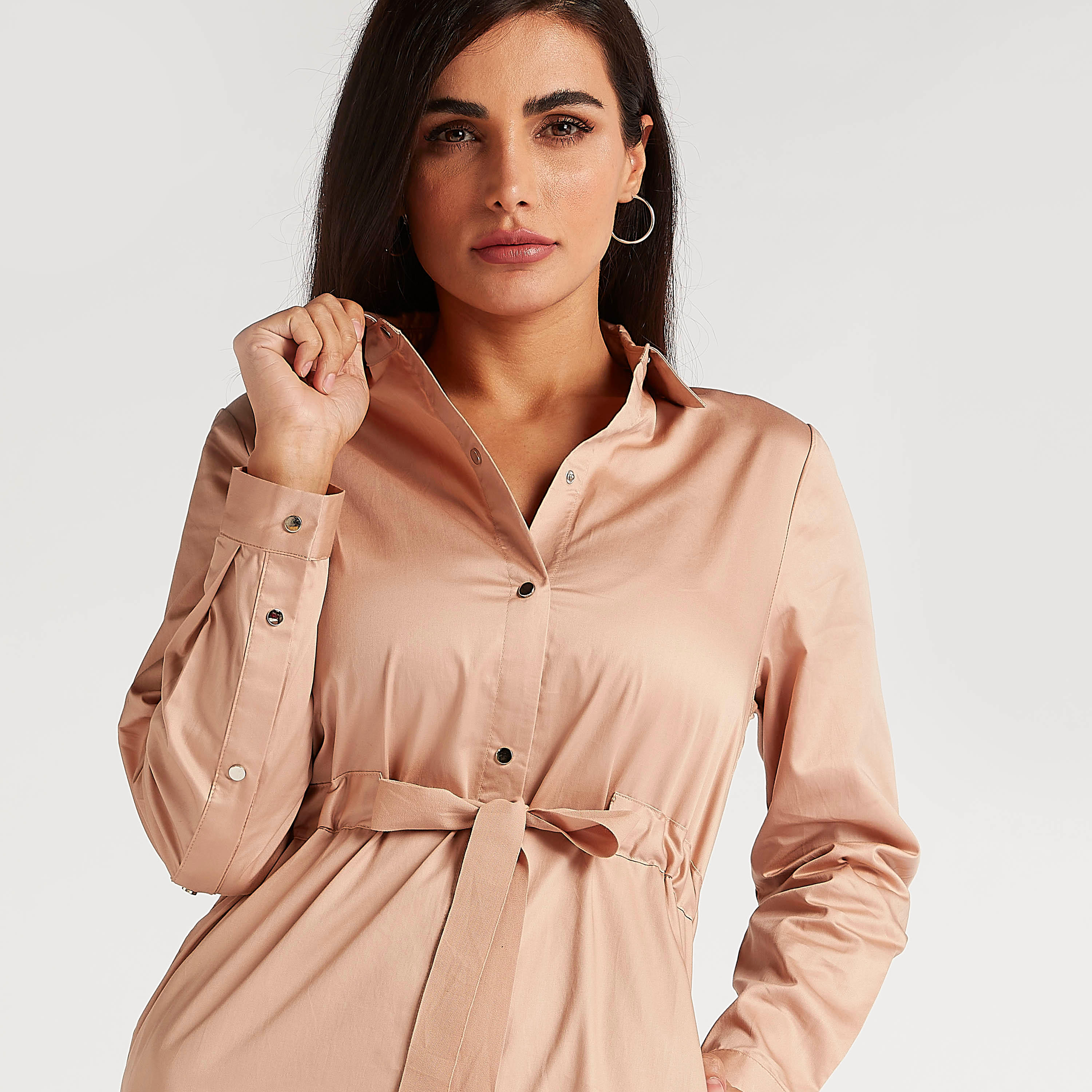 Solid Midi Belted A-line Dress with Collar and Pockets-women-clothing-dresses-image-2