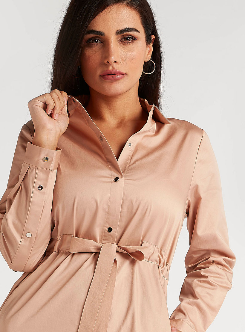 Solid Midi Belted A-line Dress with Collar and Pockets-women-clothing-dresses-image-2