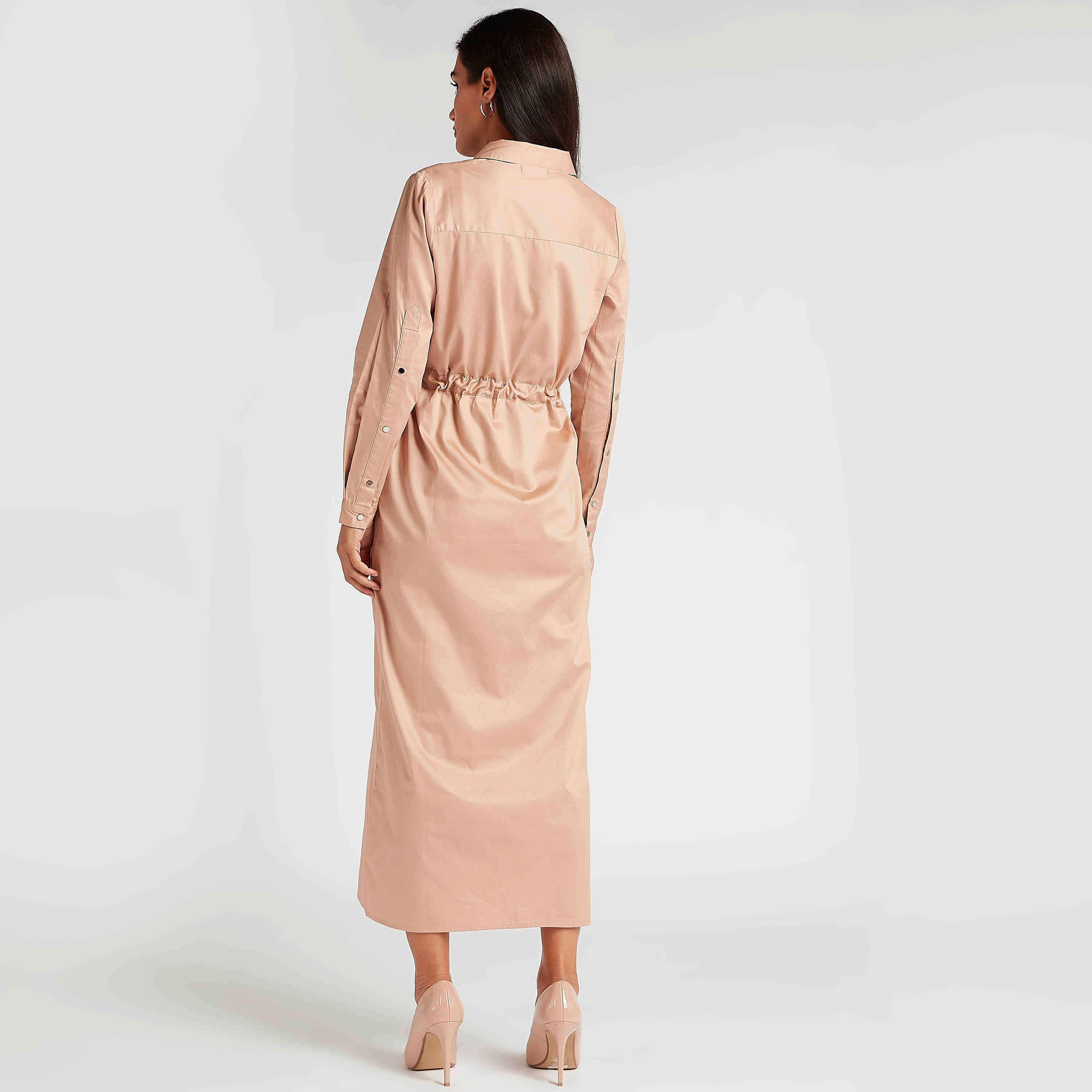 Solid Midi Belted A-line Dress with Collar and Pockets-women-clothing-dresses-image-4