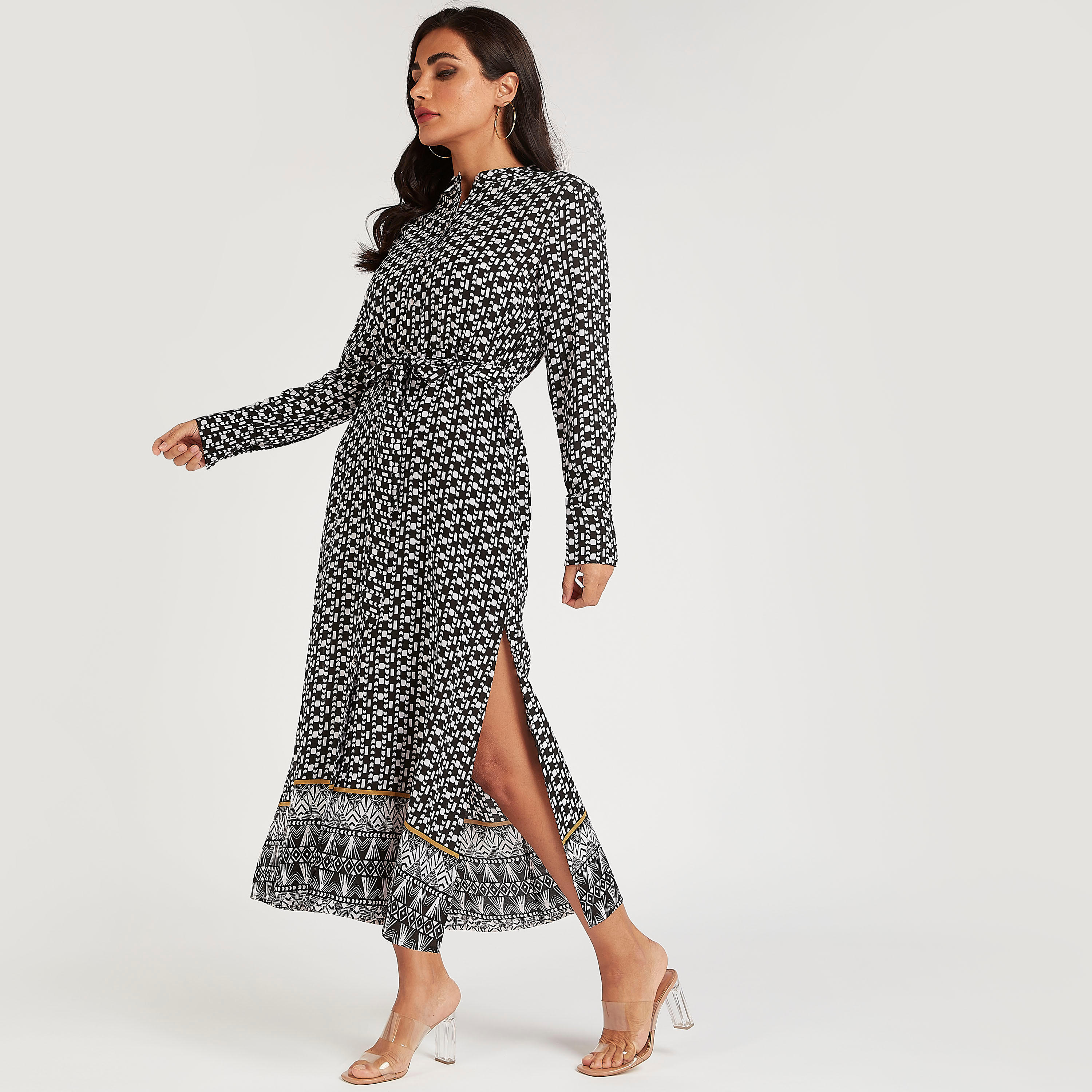 فستان ميدي ايه لاين بأكمام طويلة ورباط-women-clothing-dresses-image-1