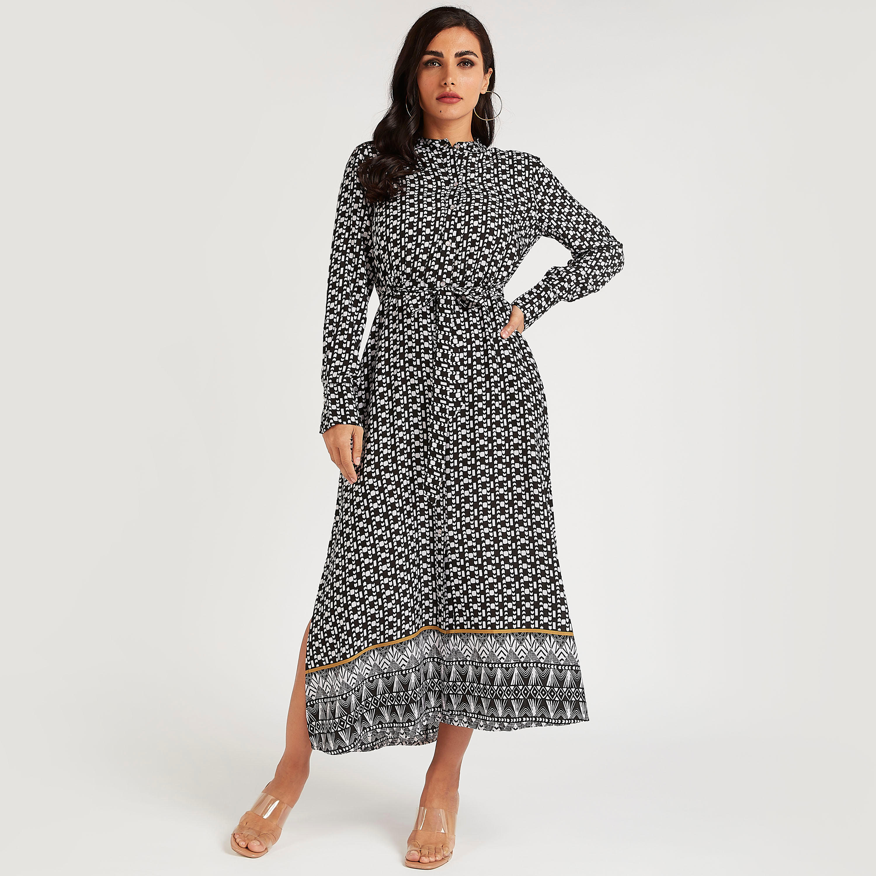 فستان ميدي ايه لاين بأكمام طويلة ورباط-women-clothing-dresses-image-2