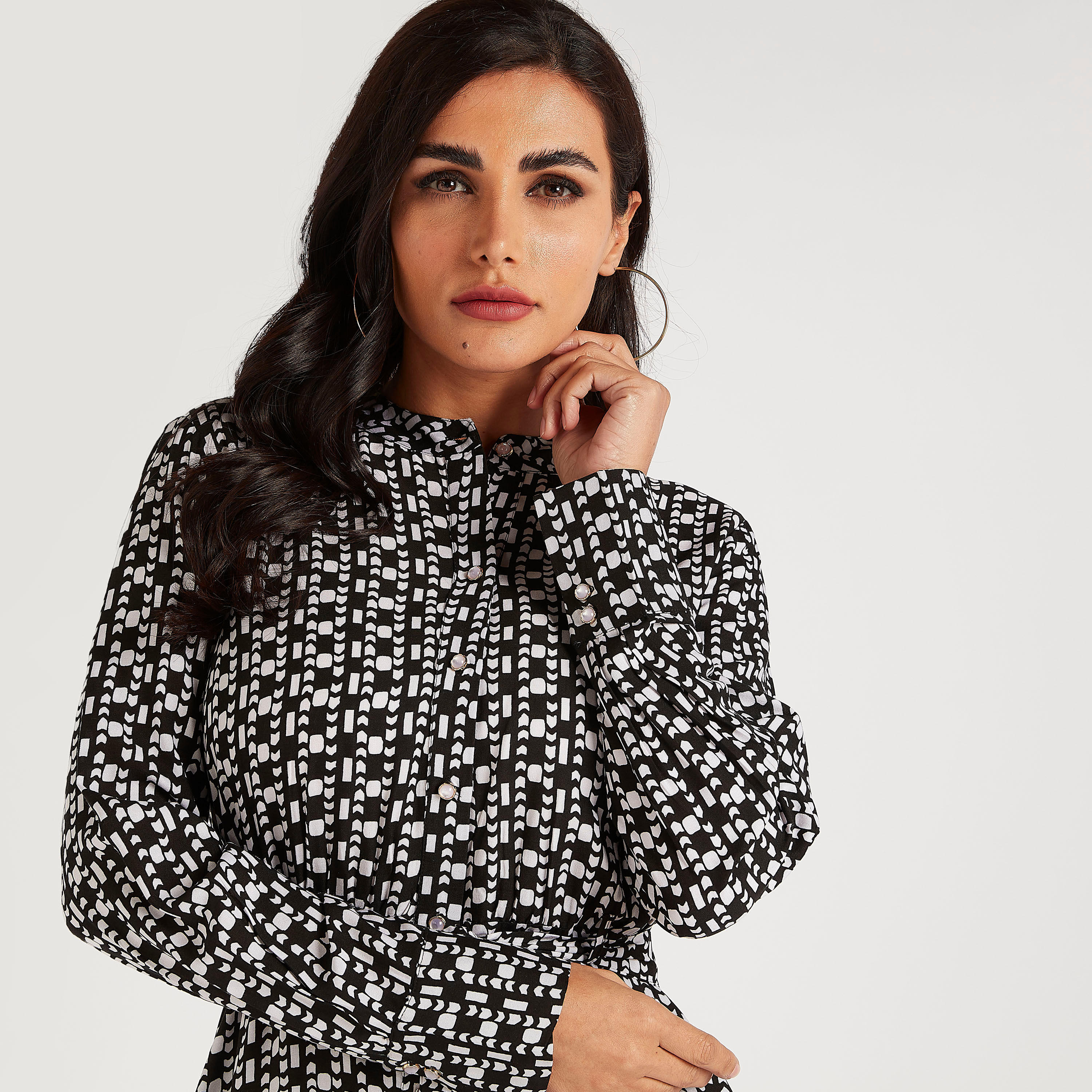 فستان ميدي ايه لاين بأكمام طويلة ورباط-women-clothing-dresses-image-3