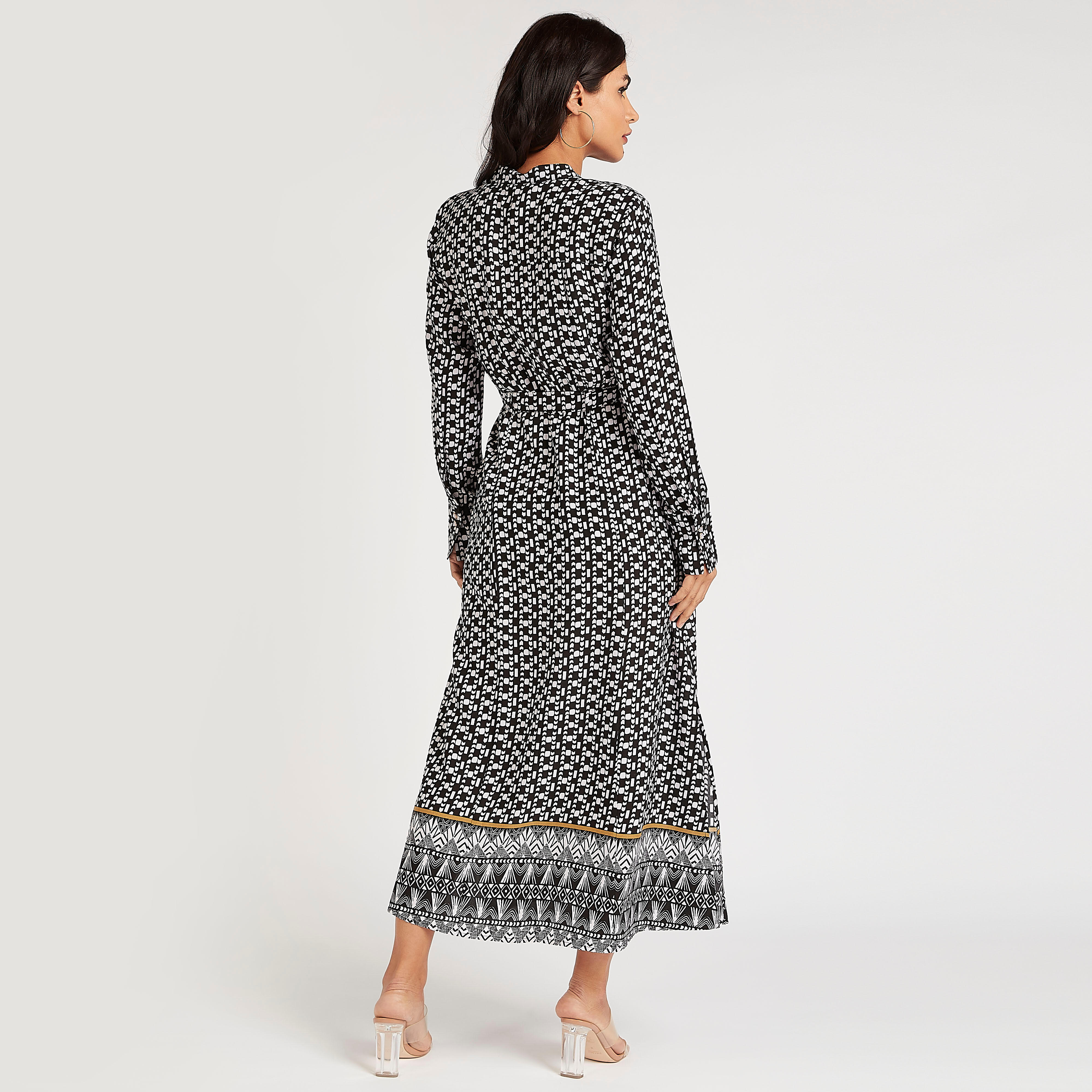 فستان ميدي ايه لاين بأكمام طويلة ورباط-women-clothing-dresses-image-4