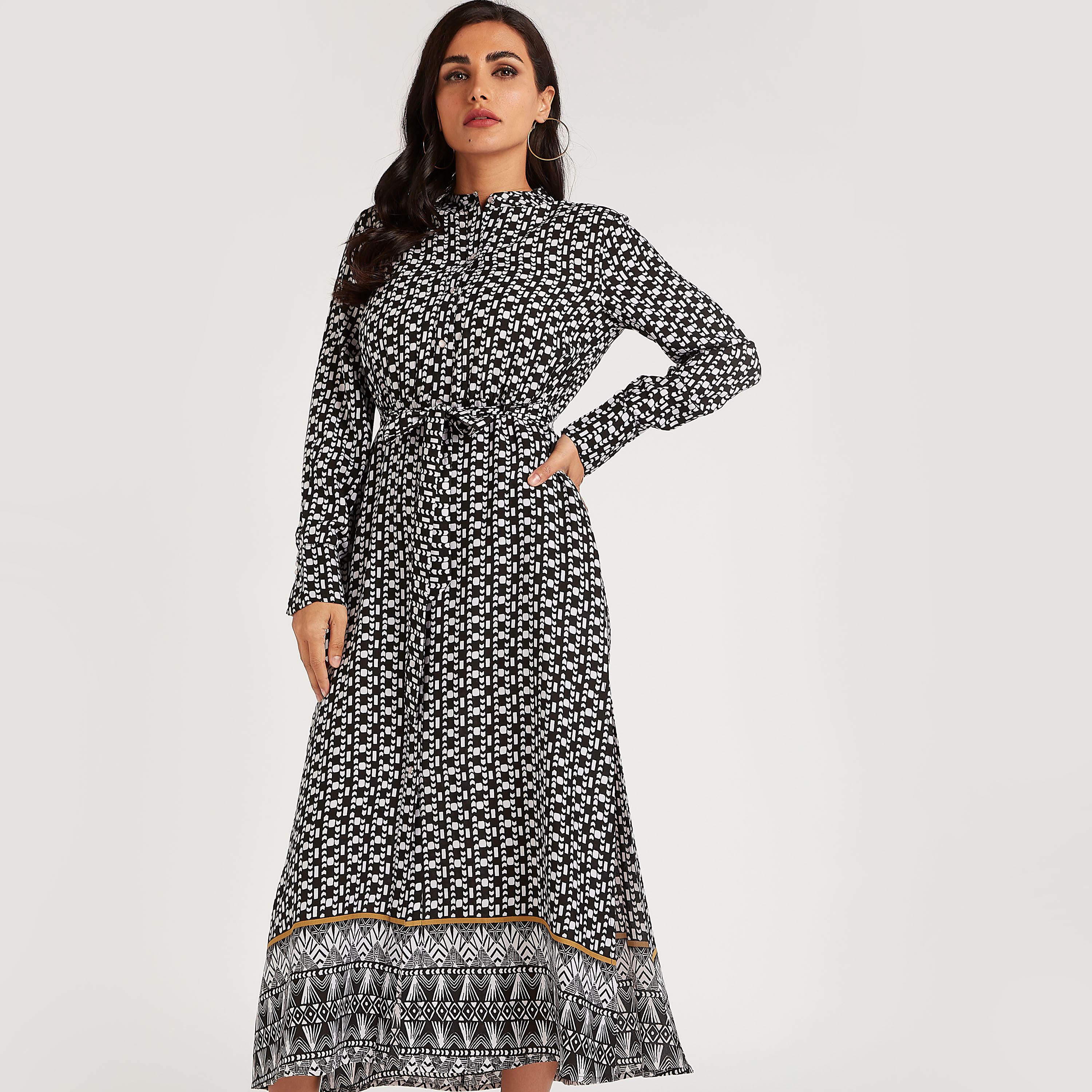 فستان ميدي ايه لاين بأكمام طويلة ورباط-women-clothing-dresses-image-5
