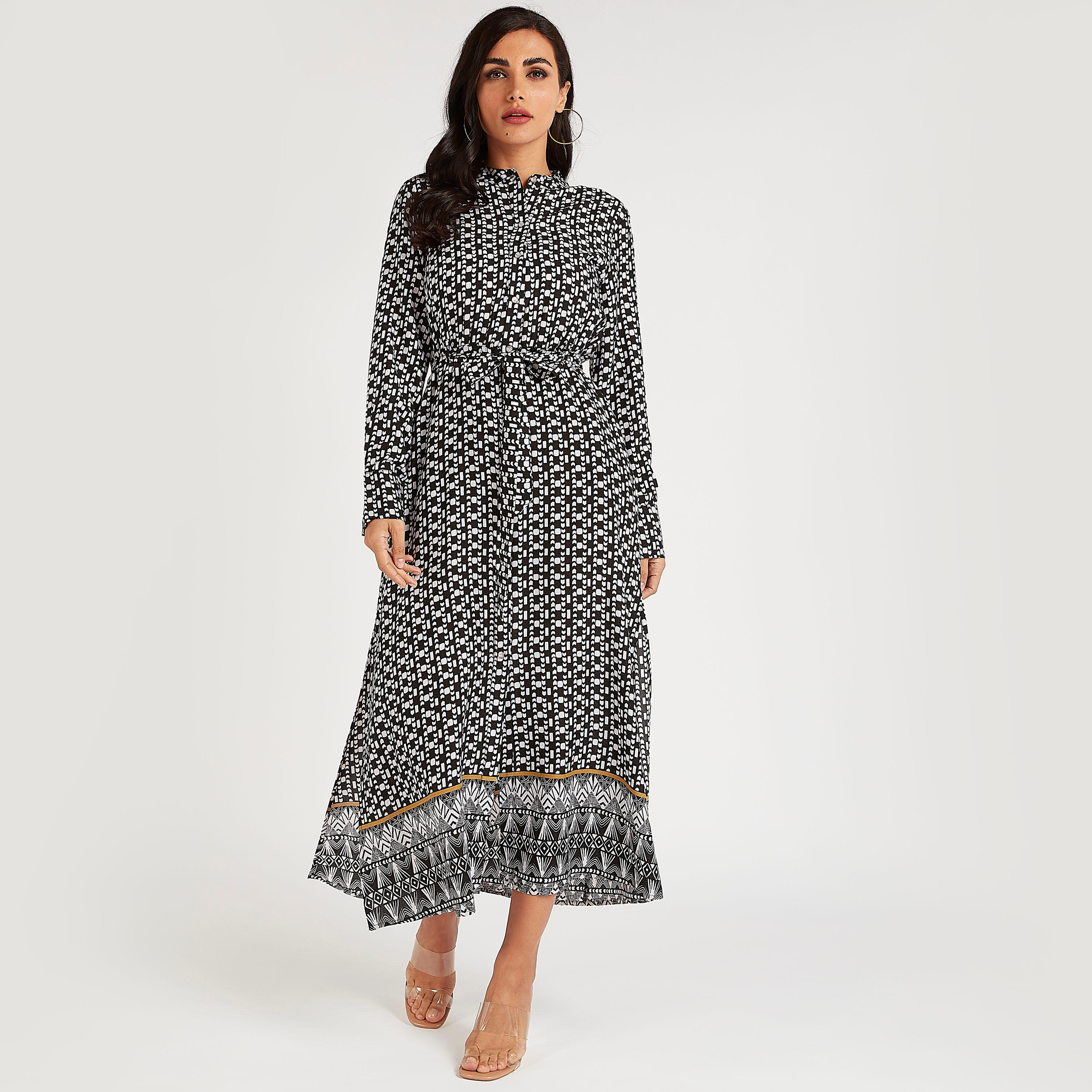 فستان ميدي ايه لاين بأكمام طويلة ورباط-women-clothing-dresses-image-6