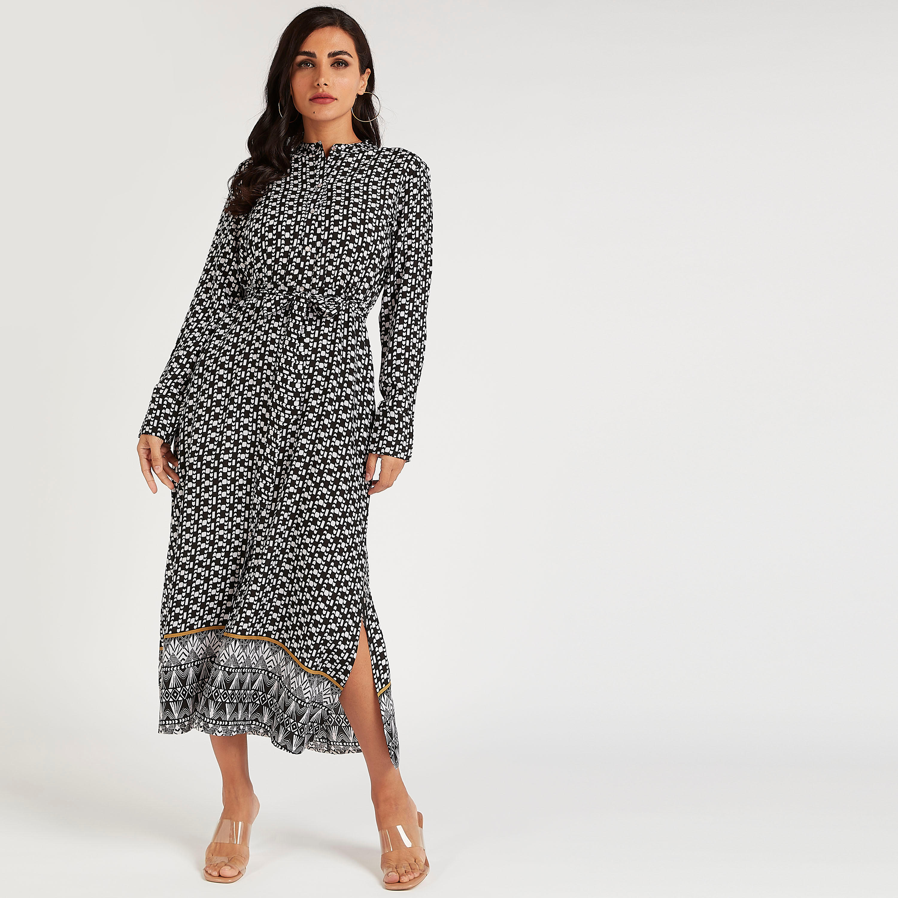 فستان ميدي ايه لاين بأكمام طويلة ورباط-women-clothing-dresses-image-7