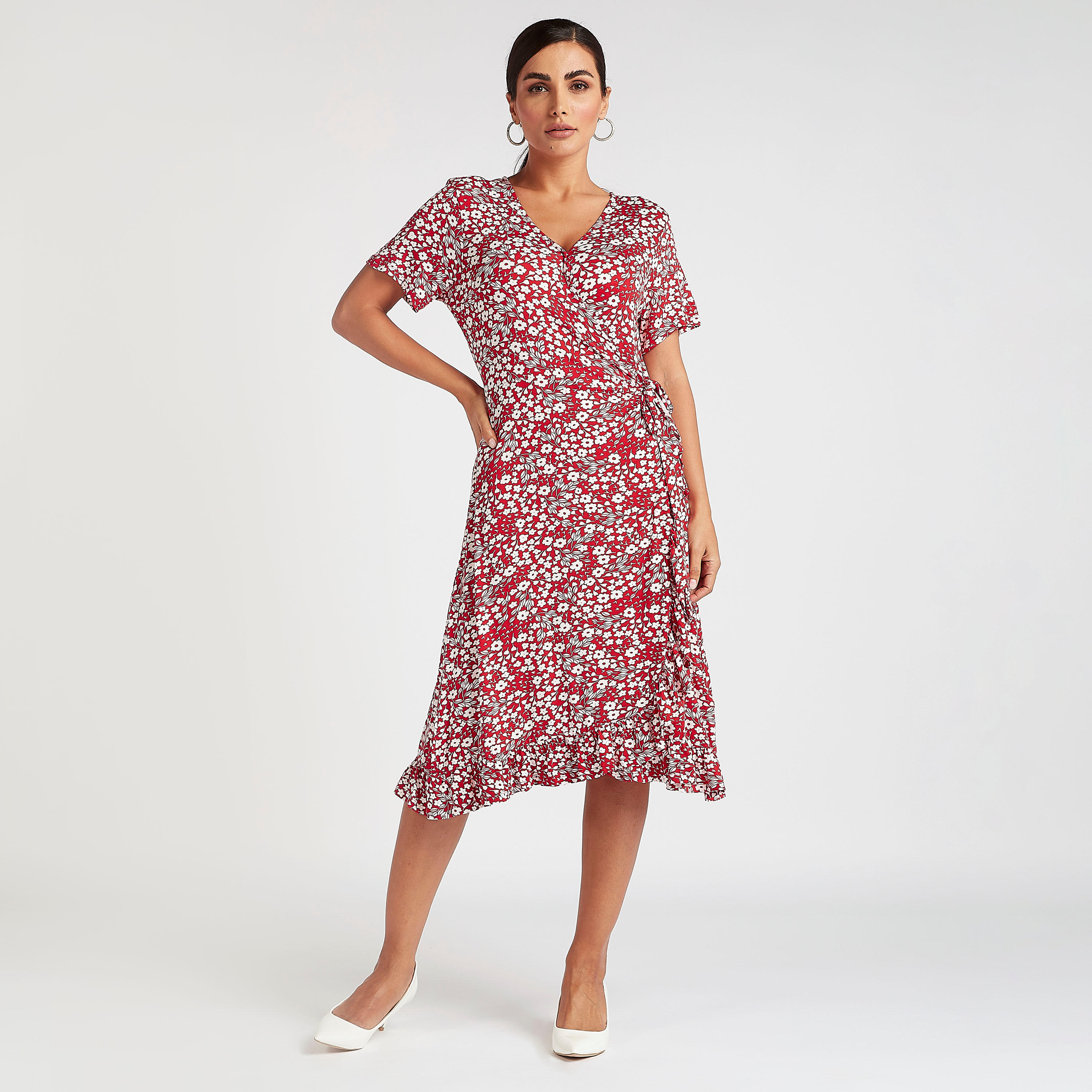فستان ملفوف ميدي بطبعات أزهار وأطراف بكشكشة-women-clothing-dresses-image-1